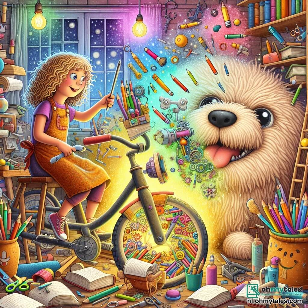 Une illustration sous forme de dessin destinée aux enfants représentant un atelier coloré et chaotique rempli de livres et d'outils, où une jeune femme aux cheveux bouclés et châtain clair, portant un tablier plein de crayons, est en train de travailler avec enthousiasme sur une bicyclette magique qui semble s'animer, tandis qu'un grand chien poilu, joyeux et curieux, observe la scène avec des yeux pétillants, le tout baigné dans une lumière chaleureuse et créative qui évoque l'esprit d'invention et d'aventure.