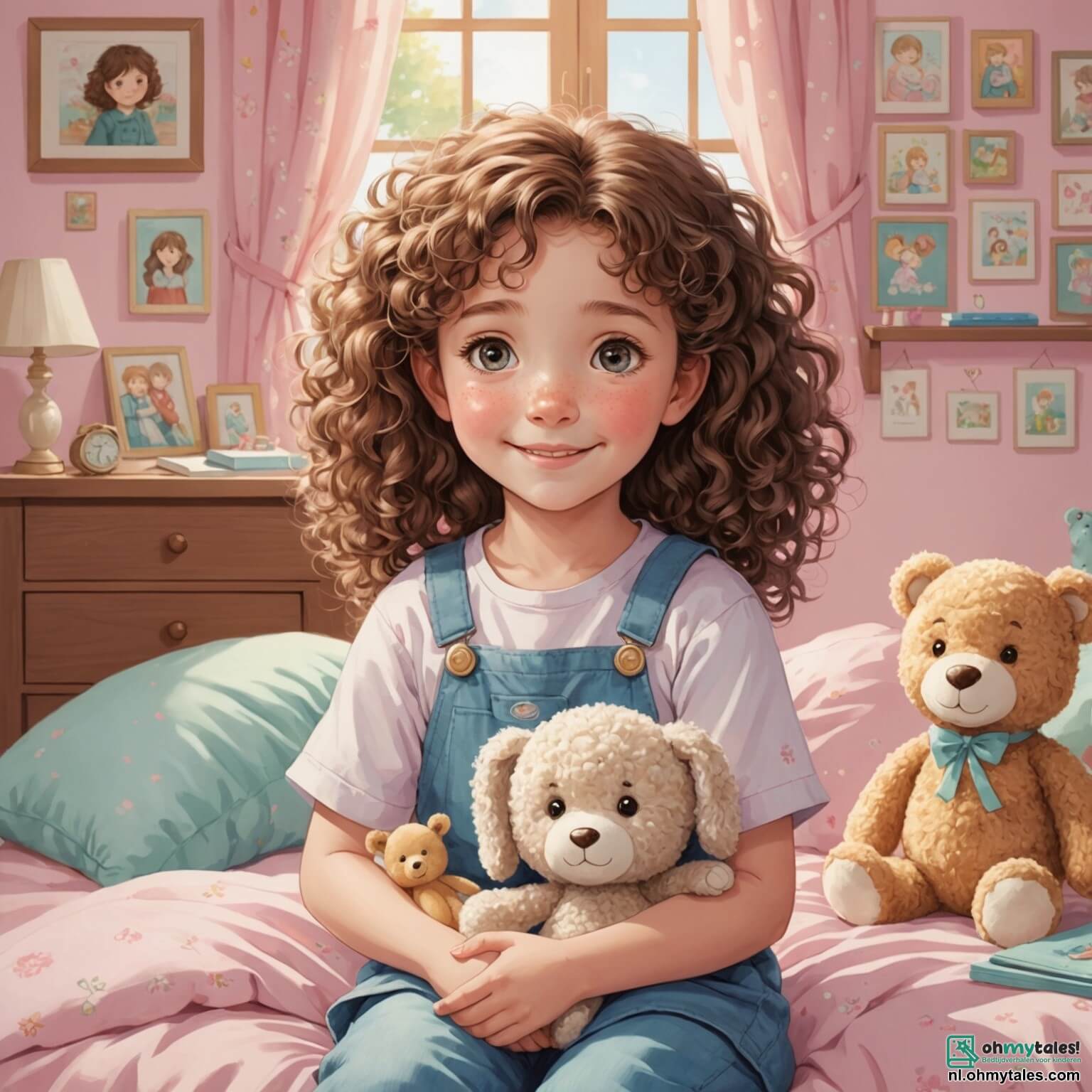Une illustration destinée aux enfants représentant une petite fille aux yeux pétillants et aux cheveux bouclés, qui, malgré un léger teint pâle et une fatigue visible sur son visage souriant, se trouve dans sa chambre chaleureuse décorée de couleurs pastel, avec des peluches douces et des dessins accrochés au mur, tandis qu'elle partage des moments tendres avec sa maman, une femme au regard bienveillant et au sourire réconfortant, dans un cocon douillet où les rayons du soleil filtrent à travers les rideaux légers, évoquant une ambiance de douceur et d'amour, alors qu'elles se préparent à affronter ensemble les défis d'une maladie passagère qui a temporairement ralenti les élans d'aventure de la fillette.