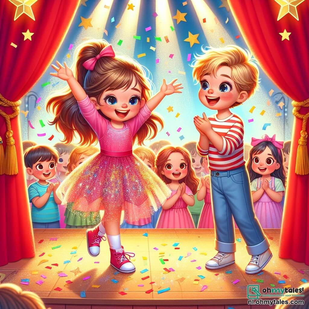 Illustratie van een levendige scène op een schooltoneel. De achtergrond is kleurrijk met rode gordijnen en glinsterende gouden sterren. In het midden danst een 3-jarig meisje met lange, bruin haar in een staart, gekleed in een mooie roze jurk versierd met glitters. Ze danst met een grote glimlach, haar armen wijd open en haar voeten iets van de grond, wat haar vreugde en zelfvertrouwen toont. Naast haar staat een 4-jarig jongetje met rommelig blond haar en een gestreepte shirt, enthousiast klappend. Hij heeft sprankelende ogen en een brede glimlach, wat zijn steun en bewondering voor het meisje laat zien. De scène vangt het moment waarop het meisje, vol moed, zich laat meeslepen door de muziek en haar angsten vergeet. Kleurrijke confetti valt om hen heen, wat een feestelijke sfeer creëert. Op de achtergrond kijken ouders en klasgenoten met trots en aanmoediging, wat een warme en blije ambiance creëert.