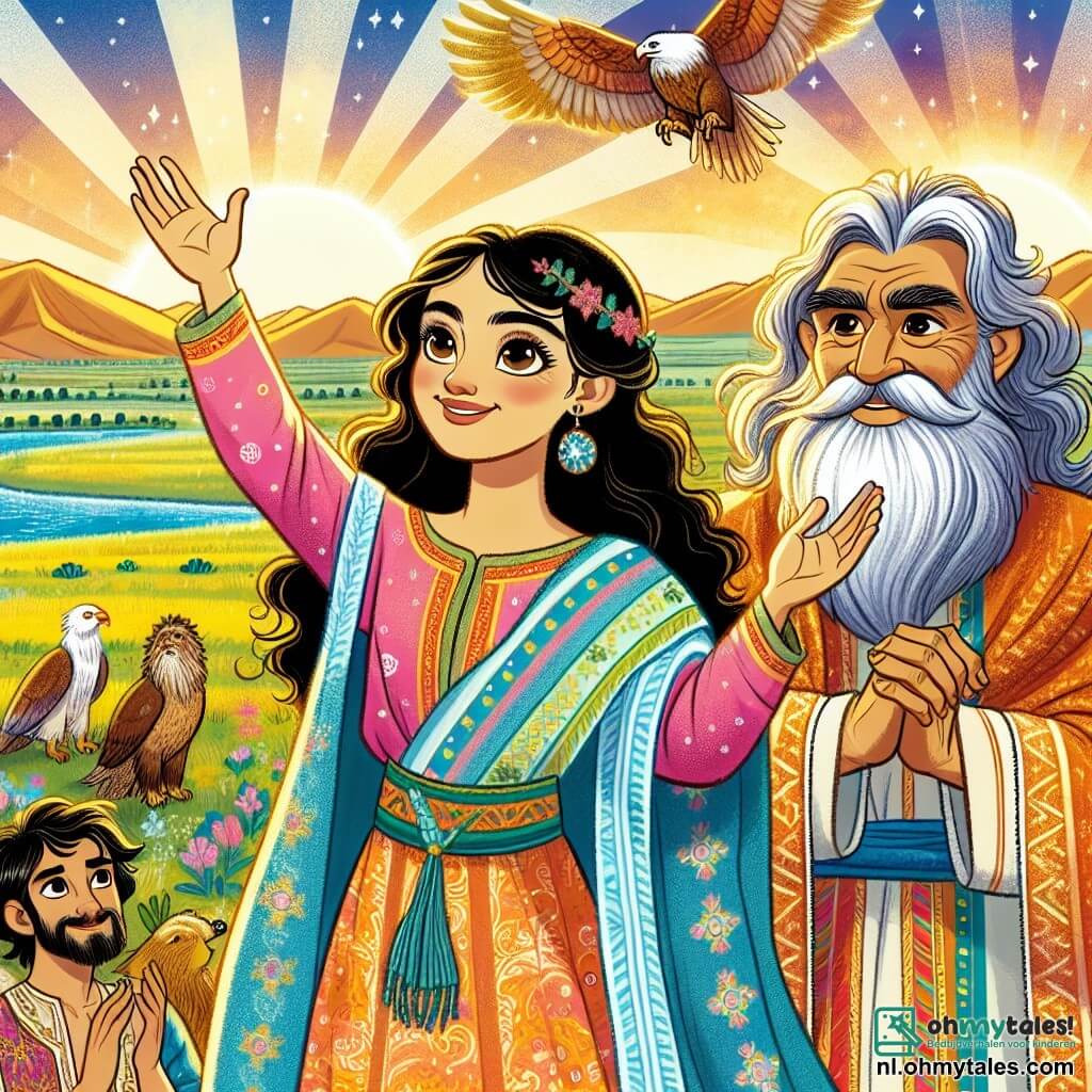 Une illustration sous forme de dessin destinée aux enfants représentant une vaste plaine verdoyante au bord du grand fleuve Tigris, où une jeune femme aux longs cheveux bruns et aux yeux pétillants, vêtue d'une tunique colorée, se tient avec détermination, levant les bras vers le ciel pour appeler les dieux, tandis qu'un vieux prêtre à la barbe grise, vêtu d'une robe traditionnelle, l'observe avec admiration, et des créatures mythiques, comme un aigle majestueux et un serpent lumineux, flottent autour d'eux, symbolisant la magie et la connexion entre le monde humain et divin dans un moment crucial de l'histoire.