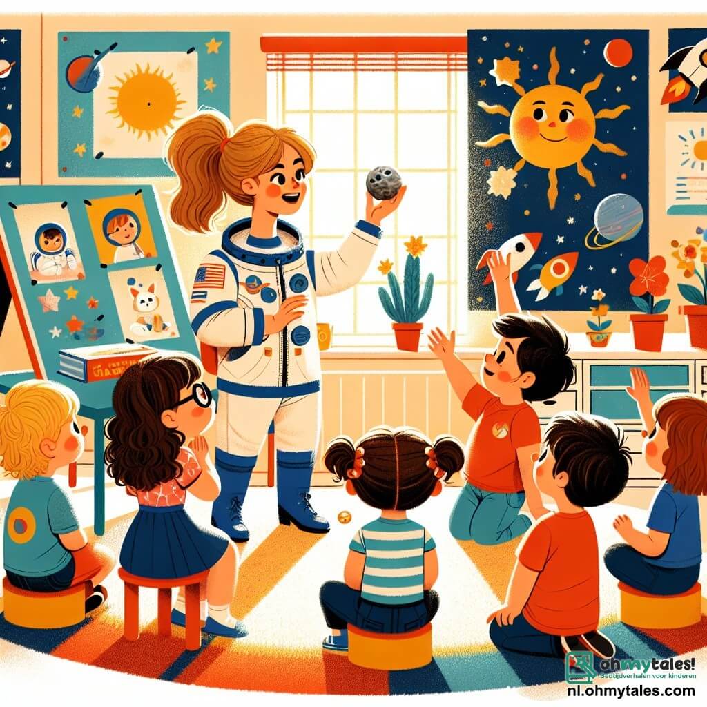Illustratie van een warme en kleurrijke scène in een zonnig klaslokaal. De muren zijn versierd met tekeningen van sterren en planeten, en er ligt een groot, zacht tapijt op de vloer. In het midden staat een glimlachende vrouw met bruin haar in een paardenstaart, gekleed in een witte en blauwe astronautenpak. Ze houdt een kleine maansteen vast, wat de aandacht van de kinderen om haar heen trekt. Onder de kinderen zijn er drie jongens en twee meisjes, allemaal tussen de 6 en 8 jaar oud. Een van de jongens heeft rommelig blond haar en draagt een rode t-shirt, hij kijkt verwonderd naar de steen. Een meisje met krullend haar en ronde bril steekt haar hand op, ongeduldig om een vraag te stellen. Een andere jongen, met een stralende glimlach, doet alsof hij in de ruimte zweeft, terwijl de anderen vrolijk lachen. De hoofdscène toont de vrouw die haar ervaring als astronaut deelt, verhalen vertelt over de maan en de ontdekking van sterren, terwijl de gefascineerde kinderen dromen van ruimte-reizen. Op de achtergrond voegen posters van raketten en sterrenstelsels een avontuurlijke sfeer toe aan deze magische scène.