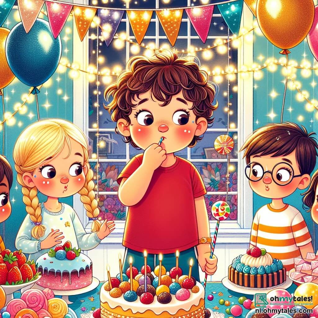Une illustration sous forme de dessin destinée aux enfants représentant une joyeuse salle de fête décorée de ballons colorés et de guirlandes scintillantes, où un garçon de 4 ans aux cheveux bruns et bouclés, portant un t-shirt rouge et un short bleu, regarde avec un air coupable une belle knikker brillante dans sa main, tandis que deux de ses amis, une fille aux cheveux blonds tressés en deux couettes et un garçon aux lunettes rondes, l'observent avec curiosité, tous trois entourés d'une grande table remplie de gâteaux et de friandises, illustrant le moment où le garçon se rend compte qu'il doit avouer son mensonge.