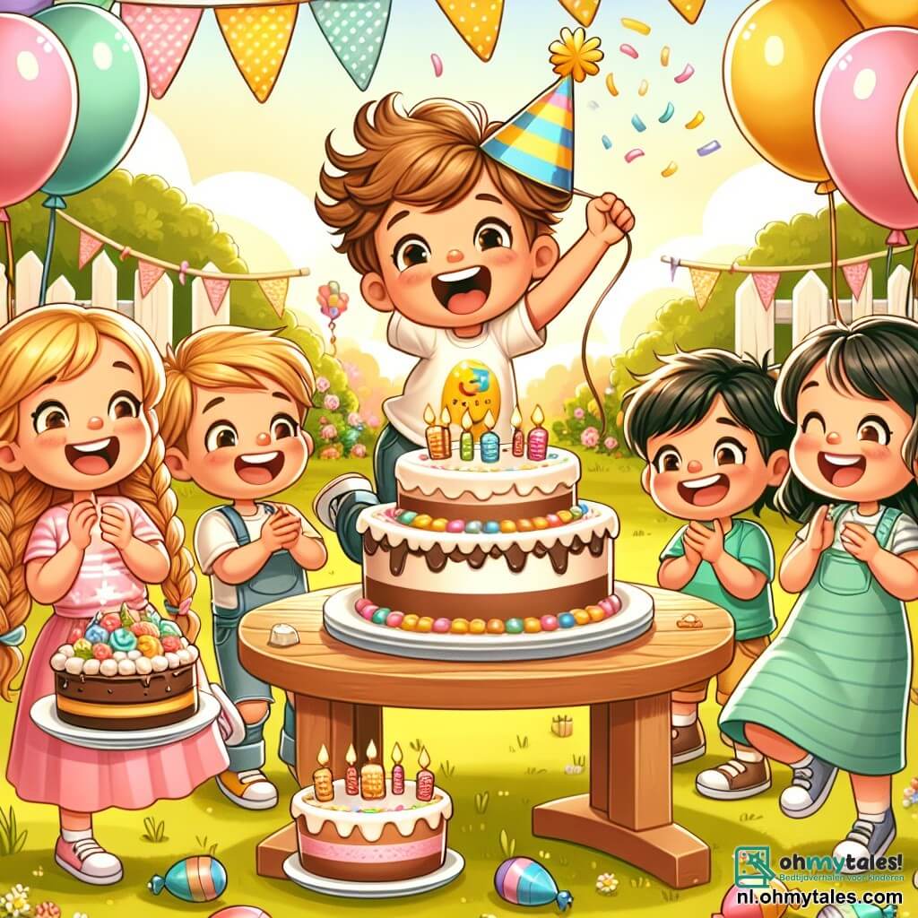 Une illustration sous forme de dessin destinée aux enfants représentant un jardin ensoleillé décoré de ballons colorés et d'une grande table remplie de gâteaux d'anniversaire, avec un garçon de 5 ans aux cheveux bruns et bouclés, portant un T-shirt jaune avec une grande raket, sautant de joie en tenant une part de gâteau, tandis que trois amis, une fille aux cheveux blonds tressés portant une robe rose, un garçon aux cheveux noirs en t-shirt bleu riant, et une autre fille aux cheveux châtains en t-shirt vert, l'entourent en applaudissant et en souriant, tous célébrant ensemble un anniversaire joyeux et festif.