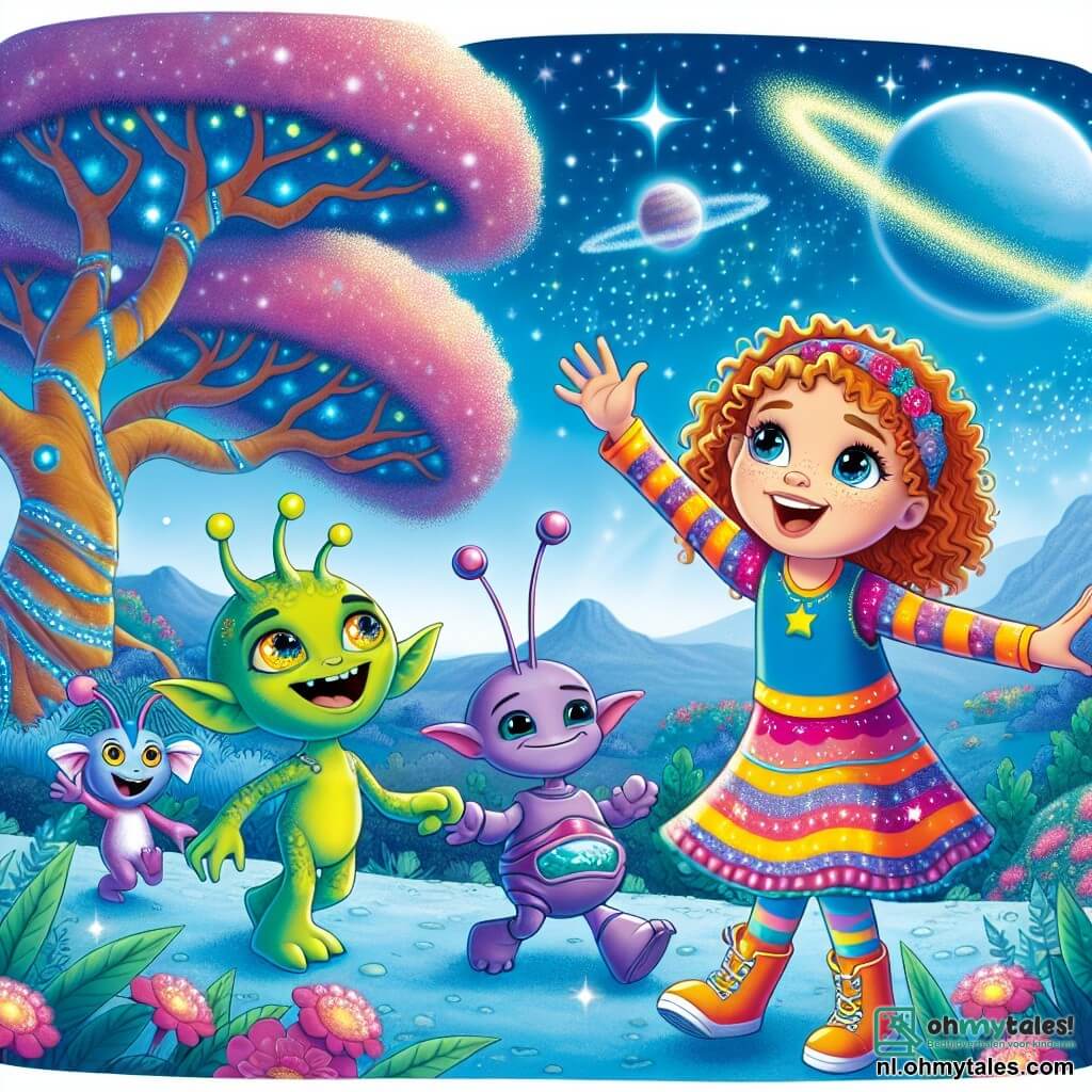 Une illustration sous forme de dessin destinée aux enfants représentant une scène magique sur la planète Zyloth, avec un paysage féerique de ciel bleu et des arbres aux feuilles roses et violettes, où une fille de 11 ans aux cheveux bouclés et aux yeux pétillants, vêtue d'une robe colorée, danse joyeusement au milieu d'une fête intergalactique entourée de trois extraterrestres aux peaux scintillantes, l'un grand et élancé avec des écailles vertes, un autre petit et rond avec une peau violette, et un troisième avec des antennes et une peau dorée, tous souriants et partageant des rires, symbolisant l'amitié et la découverte entre les mondes.