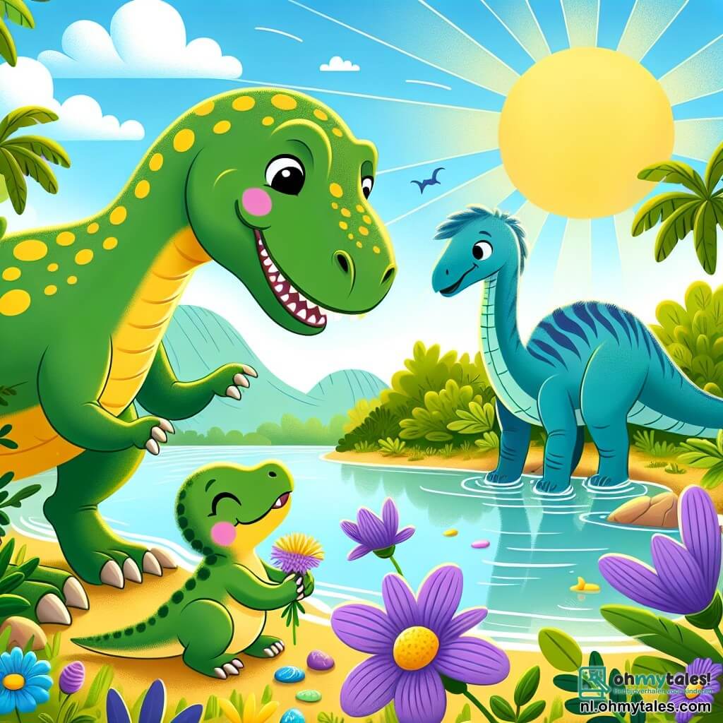 Une illustration sous forme de dessin destinée aux enfants représentant une scène joyeuse au bord d'une rivière préhistorique, avec un grand Tyrannosaure Rex au pelage vert et aux taches jaunes, souriant et se penchant pour aider un petit Velociraptor aux plumes violettes à retrouver sa pierre brillante, tandis qu'un Diplodocus bleu à la longue cou observe avec curiosité, entourés de plantes luxuriantes et de fleurs colorées sous un ciel ensoleillé.