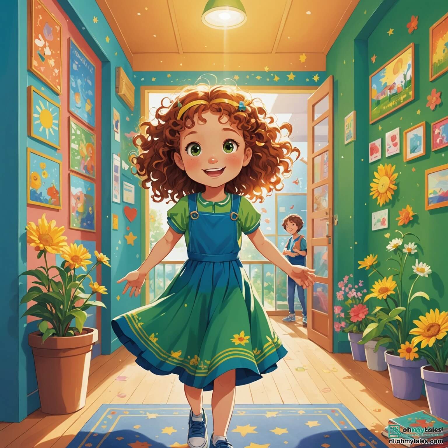 Une illustration destinée aux enfants représentant une petite fille aux cheveux bouclés et brillants comme des rayons de soleil, avec des yeux pétillants de curiosité, se tenant joyeusement dans une école colorée aux murs ornés de dessins d'animaux et de fleurs, où elle s'apprête à jouer avec ses deux amis, une fille à la robe bleue qui danse comme une étoile et un garçon en t-shirt vert qui rit aux éclats, tous trois entourés d'une cour de récréation animée, remplie de balançoires qui s'élancent vers le ciel et de toboggans qui serpentent comme des rivières, alors qu'ils s'apprêtent à vivre une journée pleine d'aventures et de rires.