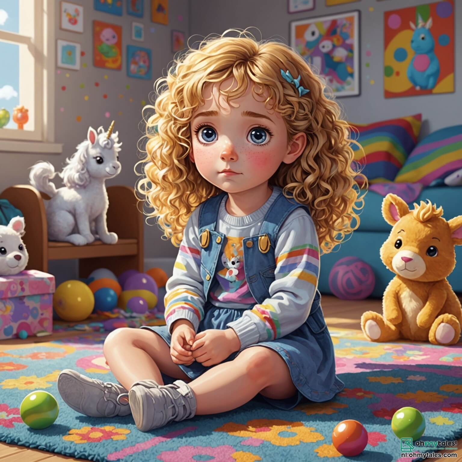 Une illustration destinée aux enfants représentant une petite fille aux cheveux dorés et bouclés, avec des yeux pétillants de curiosité, assise sur un tapis moelleux aux motifs colorés dans une chambre ensoleillée, remplie de jouets éparpillés et de posters de licornes scintillantes sur les murs, qui s'inquiète pour son petit compagnon à quatre pattes, un adorable et frêle petit rongeur à la fourrure grise, qui semble triste et fatigué dans sa cage en fer forgé ornée de fleurs, tandis que sa maman, une femme douce et attentionnée, entre dans la pièce avec un sourire réconfortant, prête à les emmener chez le vétérinaire pour soigner le petit animal malade et ramener la joie dans leur maison.