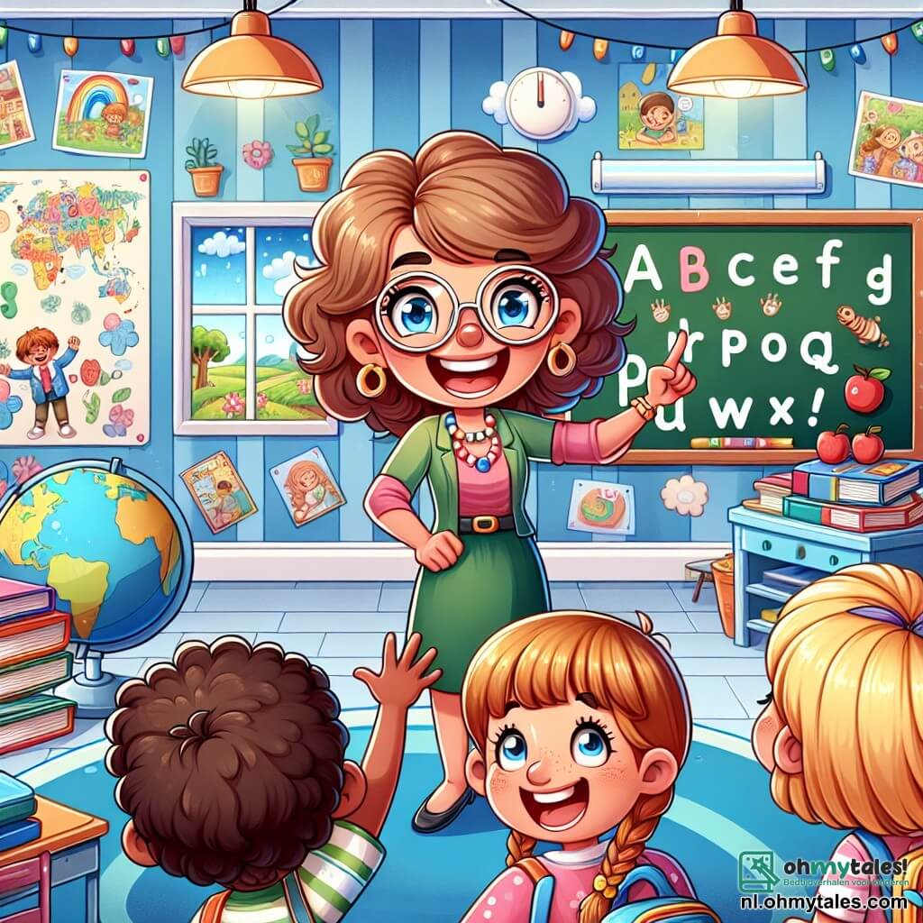 Une illustration sous forme de dessin destinée aux enfants représentant une salle de classe colorée avec des murs décorés de dessins d'enfants et des posters éducatifs, où une institutrice joyeuse, une femme aux cheveux bouclés et aux lunettes rondes, sourit en expliquant l'alphabet aux élèves, tandis qu'un garçon aux cheveux bruns et aux yeux pétillants lève la main avec enthousiasme, et une fille aux tresses blondes écoute attentivement, entourée de livres et d'une grande carte du monde, capturant l'esprit d'apprentissage et d'aventure.