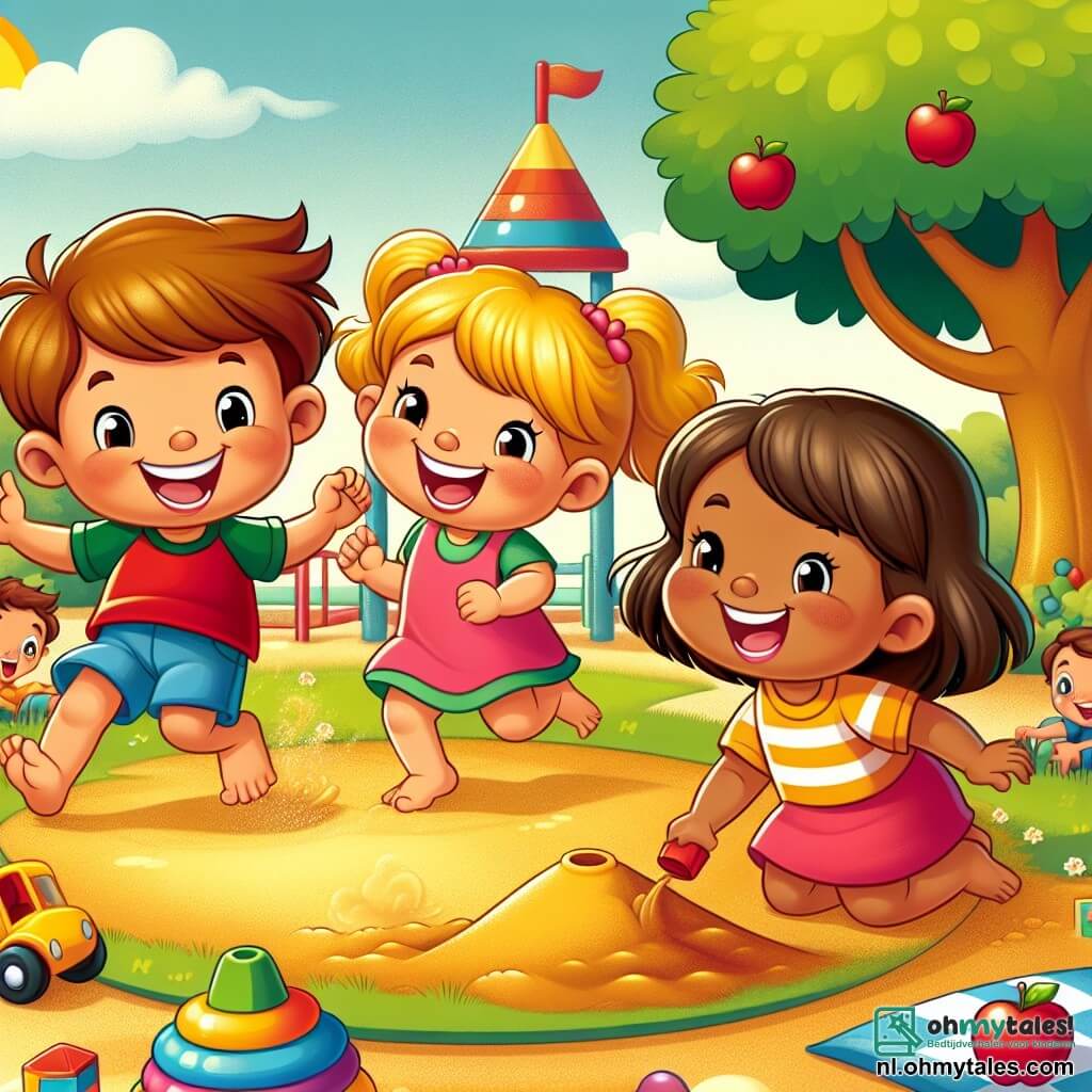 Illustratie van een zonnige scène op een schoolplein, met een grote groene boom in het midden, kleurrijke speeltoestellen op de achtergrond en een gouden zandgrond. Vier kinderen spelen samen: een vijfjarig jongetje met bruin haar en een rood T-shirt, dat lachend rent; een vijfjarig meisje met blond haar en een roze jurk, dat een zandkasteel bouwt; een vijfjarig jongetje met zwart haar en een blauwe short, dat zich voorbereidt om zich bij hen te voegen; en een vijfjarig meisje met kastanjebruin haar en een geel T-shirt, dat hen aanmoedigt met een glimlach. Ze zijn allemaal blij en vol energie, genieten van het moment zonder schermen, omringd door speelgoed en een sfeer van vriendschap. Rode appels liggen op een dekentje naast hen, wat een gezonde pauze na het spelen symboliseert.