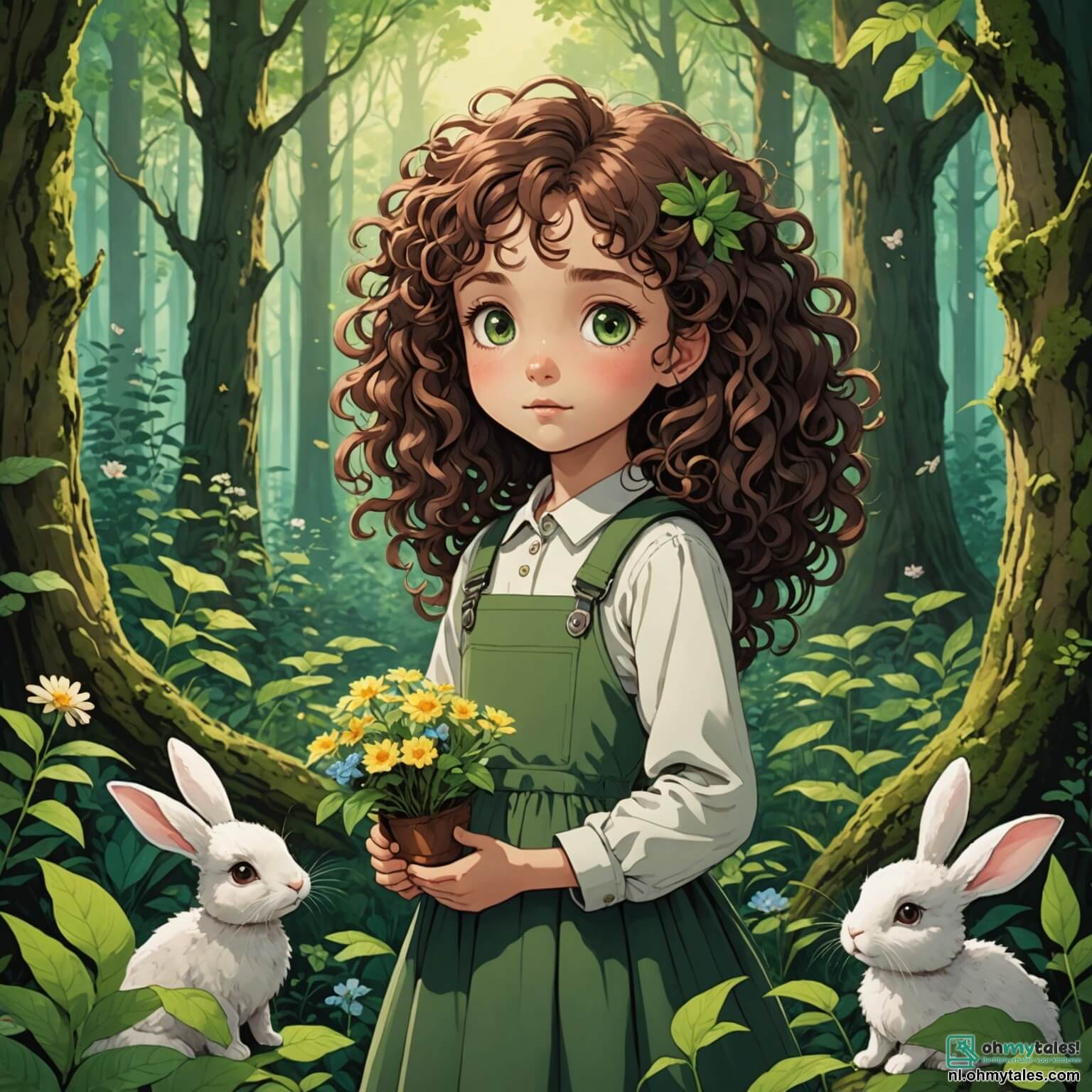 Une illustration destinée aux enfants représentant une fille aux cheveux bouclés et aux yeux pétillants, pleine de curiosité et de compassion, se tenant au cœur d'une forêt verdoyante où les arbres majestueux, aux feuilles d'un vert éclatant, semblent murmurer des secrets de la nature, tandis qu'elle découvre avec inquiétude des fleurs fanées et des branches tristes, entourée de son fidèle ami en peluche, un petit lapin aux grandes oreilles, et d'un éloquent écureuil aux yeux vifs, tous deux l'encourageant à sauver leur habitat menacé par le changement climatique, dans ce paysage enchanteur où le chant des oiseaux se mêle au doux bruit d'un ruisseau serpentant entre les rochers.