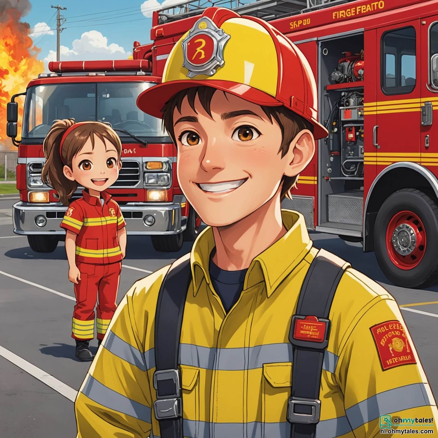Une illustration destinée aux enfants représentant un homme au grand sourire chaleureux et à la casquette rouge, vêtu d'une combinaison de pompier étincelante, se tenant fièrement devant une imposante camion de pompiers flamboyante, garée dans une caserne aux murs jaunes éclatants, où des enfants aux yeux brillants, dont une petite fille aux cheveux en ponytail et un garçon curieux avec un t-shirt rayé, l'observent avec admiration alors qu'il leur montre comment utiliser une grande lance à eau pour éteindre un feu imaginaire, le tout sous un ciel bleu azur parsemé de nuages moelleux.