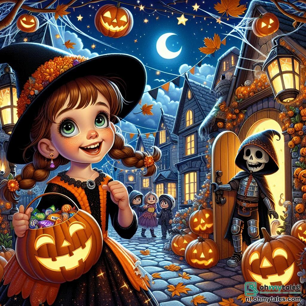 Illustratie van een Halloween-scène in een versierde straat. De huizen zijn versierd met glimlachende pompoenen, spinnenwebben en fonkelende lantaarns, terwijl de lucht diepblauw is met heldere sterren. Op de voorgrond staat een 3-jarig meisje met bruin haar in twee mooie vlechten, gekleed in een glinsterende oranje jurk en een zwarte heksenhoed met een grote punt. Ze glimlacht vrolijk en houdt een klein pompoentasje vol snoep vast. Naast haar kijkt een 4-jarig jongetje, gekleed in een glanzend harnas en een ridderhelm, verwonderd naar de versieringen. Zijn gezicht wordt verlicht door het licht van de lantaarns en zijn ogen zijn wijd open van blijdschap. De hoofdscène toont het meisje en de jongen die op de deur van een griezelig huis kloppen, waar een vriendelijke schaduw achter de deur te zien is. Herfstbladeren dwarrelen om hen heen en voegen een magische touch toe aan de sfeer. Fonkelende sterren en een glimlachende maan completeren deze vrolijke en feestelijke Halloween-scène.