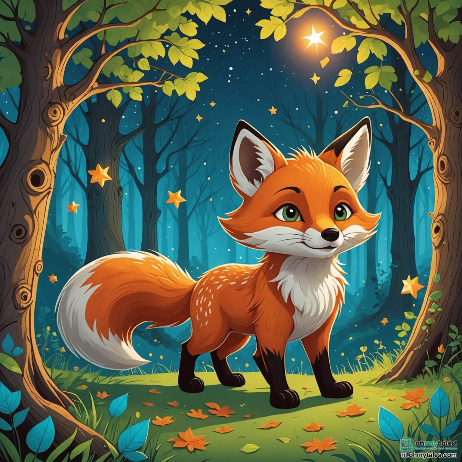 Une illustration destinée aux enfants représentant un renard au pelage flamboyant, aux yeux malicieux et pétillants d'intelligence, se faufilant avec agilité à travers une forêt enchantée où les arbres majestueux aux troncs noueux s'élèvent vers le ciel azur, leurs feuilles dansant au gré du vent comme des petites étoiles vertes, tandis qu'il se lance dans une quête palpitante pour retrouver une étoile perdue, accompagné de son ami le lapin aux grandes oreilles, qui bondit joyeusement à ses côtés, tous deux explorant des clairières baignées de lumière dorée et des buissons fleuris où les papillons virevoltent, tout en évitant les ombres mystérieuses qui se cachent dans les recoins sombres de ce royaume féerique.