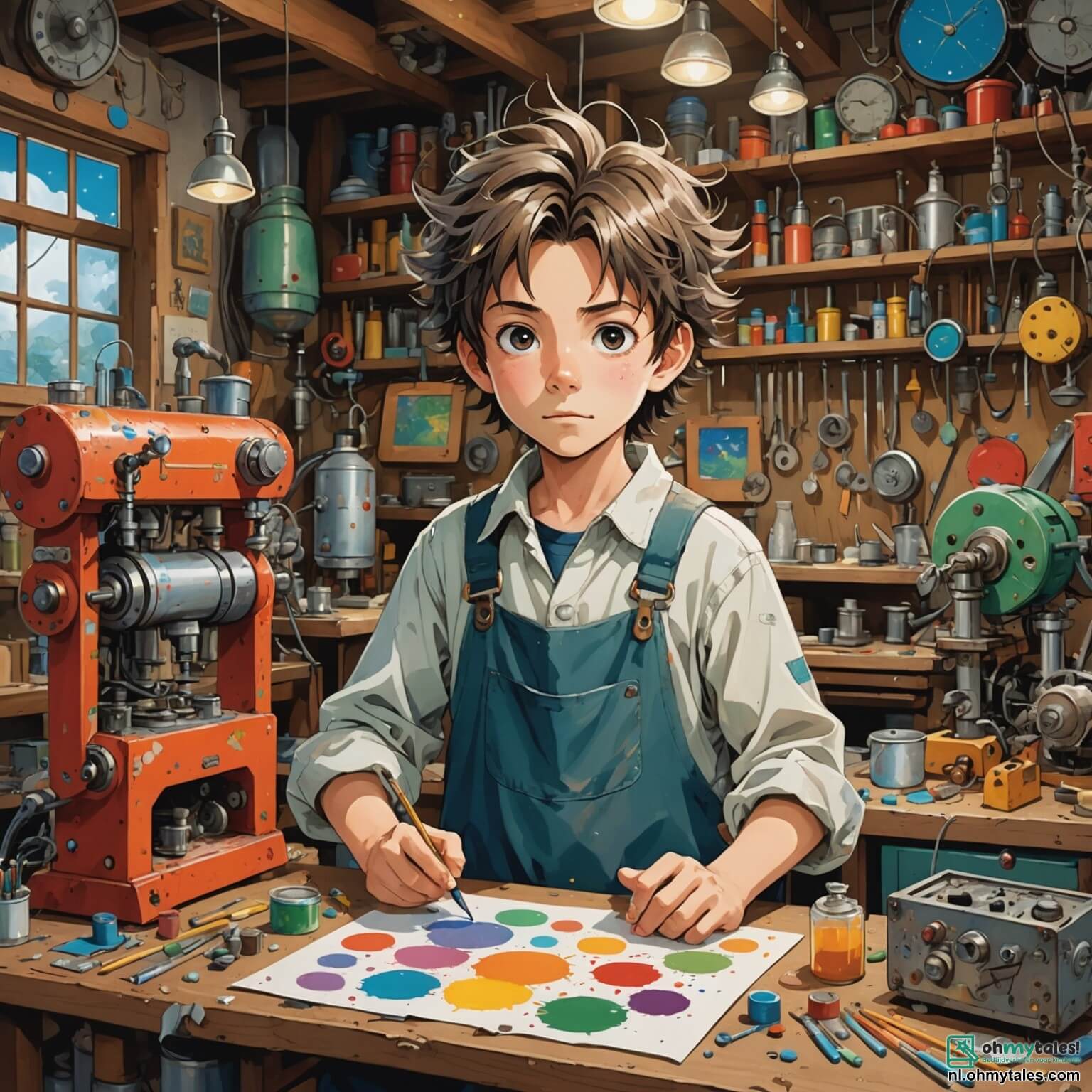 Une illustration destinée aux enfants représentant un homme aux cheveux ébouriffés, vêtu d'une blouse pleine de taches de peinture et de graisse, entouré de machines étranges et colorées dans son atelier débordant de créativité, où des enfants, une fille aux yeux pétillants et un garçon curieux, se rassemblent autour de lui, émerveillés par ses inventions farfelues, tandis que des esquisses de rêves et de projets flottent autour d'eux comme des étoiles scintillantes dans un ciel nocturne, le tout se déroulant dans un petit village pittoresque, bordé de champs verdoyants et de forêts mystérieuses, où la magie de l'imagination prend vie à chaque coin de rue.