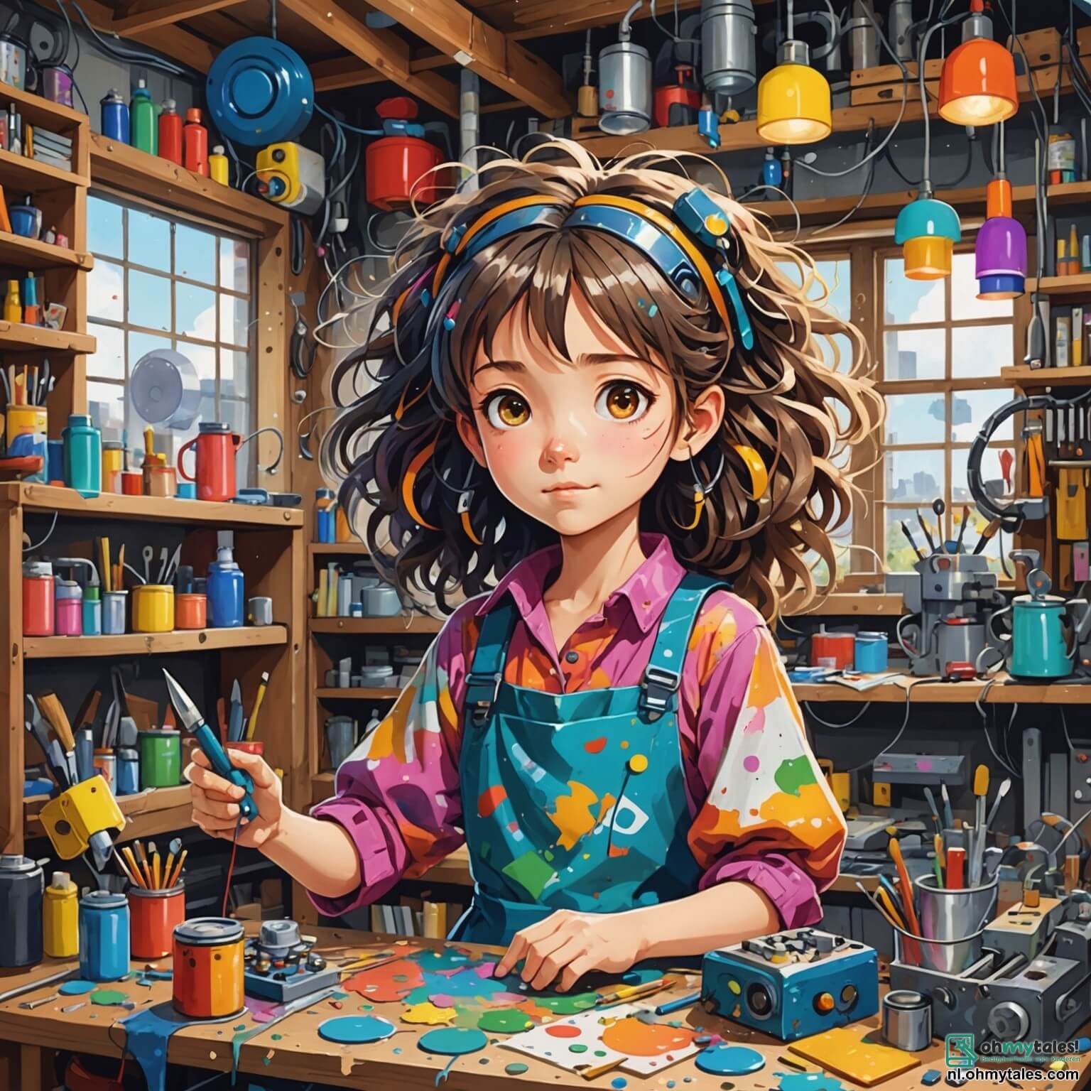 Une illustration destinée aux enfants représentant une femme aux cheveux ébouriffés, vêtue d'une blouse colorée pleine de taches de peinture et de colle, entourée de machines bourdonnantes et de gadgets scintillants dans sa merveilleuse et chaotique atelier, où des outils suspendus dans les airs et des étagères débordant de matériaux hétéroclites créent une atmosphère de créativité débordante, tandis qu'elle travaille avec passion pour inventer une machine capable de donner du bonheur aux enfants, aidée par deux enfants curieux, une fille pétillante à l'imagination débordante et un garçon intelligent aux lunettes rondes, qui s'émerveillent devant les inventions extraordinaires qui prennent vie autour d'eux.