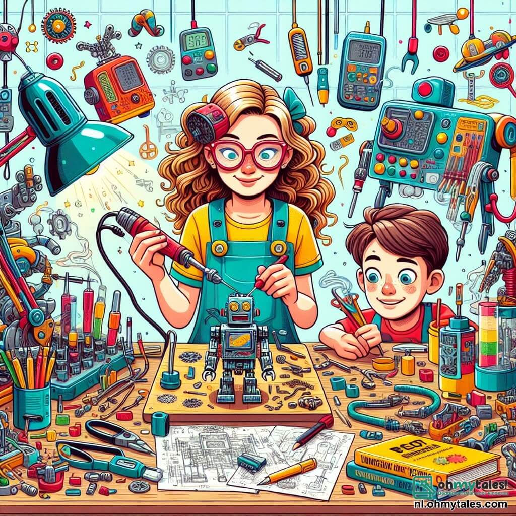 Une illustration sous forme de dessin destinée aux enfants représentant un laboratoire coloré et chaotique rempli de gadgets et d'inventions, où une jeune femme aux cheveux longs et bouclés, portant des lunettes et un tablier, est en train de souder des pièces de métal pour créer un robot, tandis qu'un garçon aux cheveux courts et aux yeux pétillants observe avec émerveillement, tenant un livre de science, alors qu'ils travaillent ensemble sur leur projet de robot qui aide à faire les devoirs, entourés de livres, de schémas et d'outils brillants.