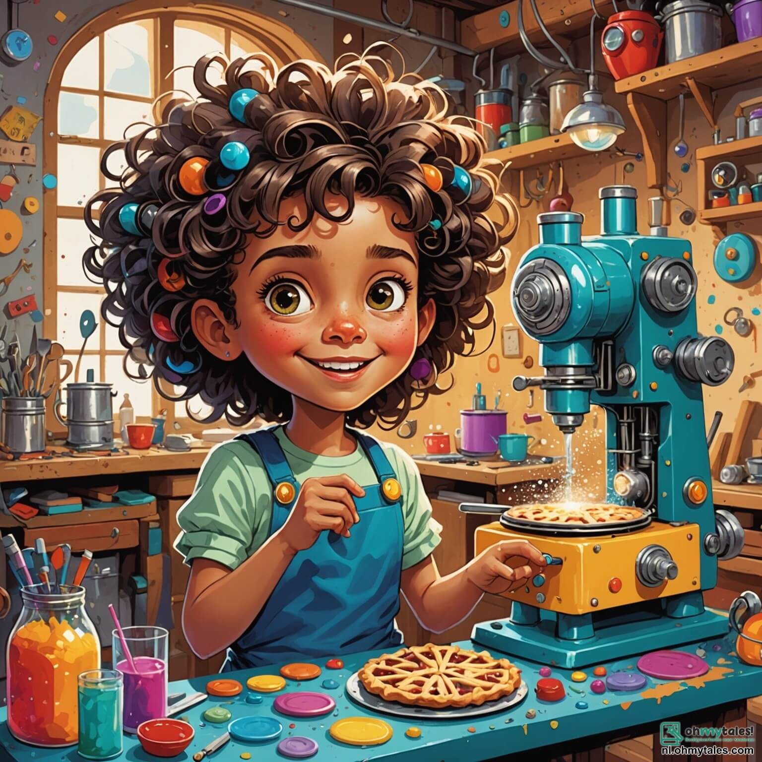 Une illustration destinée aux enfants représentant une femme pétillante aux cheveux en désordre, entourée de machines colorées et de pièces brillantes dans sa merveilleuse atelier, où les murs sont ornés de croquis farfelus et de gadgets étranges, tandis qu'elle s'affaire à créer une machine à tartes magique avec l'aide de deux enfants, un garçon plein d'énergie aux yeux pétillants et une fille curieuse au sourire timide, tous trois plongés dans un monde de créativité débordante et de douceurs chocolatées, où l'odeur sucrée de la pâte fraîchement cuite embaume l'air et où les rayons du soleil filtrent à travers les fenêtres, illuminant leur joyeuse aventure d'inventeurs.