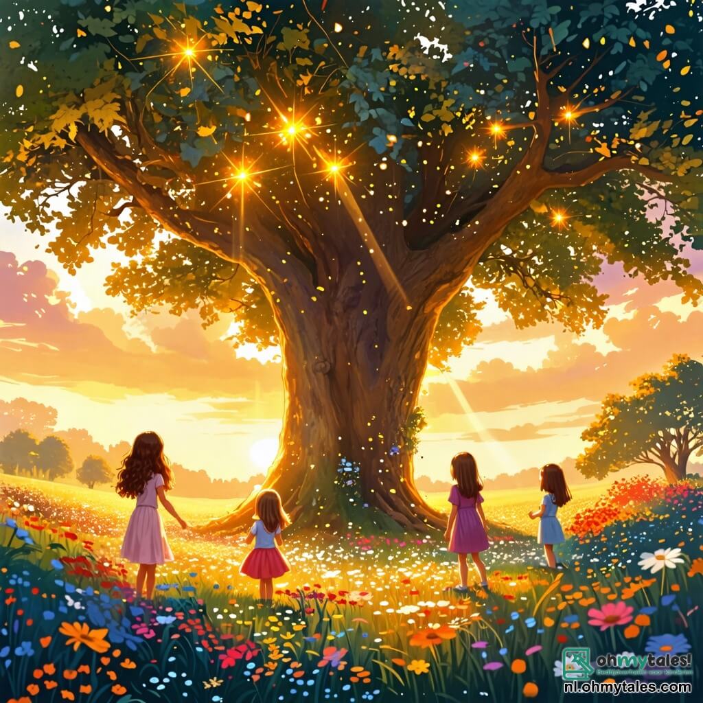 Illustratie van een uitgestrekte open plek verlicht door gouden licht, waar een enorme Droomboom met glinsterende bladeren als sterren majestueus oprijst. De grond is bedekt met kleurrijke bloemen, terwijl zonnestralen door de takken filteren, wat een magische en warme sfeer creëert. In het midden van de scène staan vier jonge meisjes van ongeveer 11 jaar in een cirkel rond de Droomboom. Het eerste meisje, met lange krullende haren en een stralende glimlach, draagt een kleurrijke jurk en kijkt verwonderd naar de Droomboom. Het tweede meisje, met steil haar en een nadenkende uitdrukking, is gekleed in een t-shirt en short, met een schetsboek in haar handen. Het derde meisje, met kort haar en een vastberaden blik, draagt een jas en sneakers, klaar voor avontuur. Het vierde meisje, met gevlochten haar en sprankelende ogen, is gekleed in een lichte jurk en steekt haar armen naar de lucht, alsof ze de magie van het moment verwelkomt. De belangrijkste situatie toont de meisjes die hun dromen hardop uitspreken, hun gezichten verlicht door opwinding en hoop. Gouden lichtflitsen stralen van de Droomboom, wat een feeërieke sfeer creëert. Op de achtergrond zweven translucente elf-silhouetten rond de tak, wat een vleugje mysterie en magie aan de scène toevoegt.