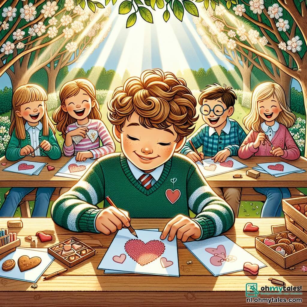 Une illustration sous forme de dessin destinée aux enfants représentant un charmant parc ensoleillé avec des arbres fleuris et des bancs en bois, où un garçon de 11 ans aux cheveux bouclés et à la peau claire, souriant et concentré, est assis à une table en bois, entouré de ses amis : une fille aux cheveux longs et blonds qui rit joyeusement, un garçon aux lunettes et aux cheveux bruns qui raconte une blague, et une fille aux cheveux châtains qui dessine des cœurs sur une carte, tous en train de créer des cartes de Saint-Valentin tout en partageant des cookies et de la chocolats, illustrant l'esprit de l'amitié et de la célébration de l'amour.