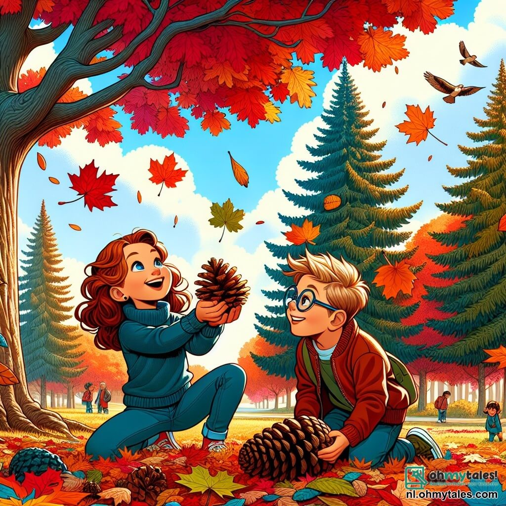 Illustratie van een herfstscène in een kleurrijk park, waar de bladeren van de bomen rood, oranje en geel kleuren. In het midden zit een 11-jarig meisje met kastanjebruin, krullend haar, gekleed in een blauwe trui en een spijkerbroek, verwonderd bladeren van verschillende vormen en felle kleuren te verzamelen. Naast haar staat een 10-jarig jongetje met blond haar en een bril, dat aandachtig een grote dennenappel in zijn handen bekijkt, met een nieuwsgierige glimlach. Op de achtergrond staan majestueuze bomen met takken vol bladeren, terwijl een lichte wind de vallende bladeren laat dansen. De lucht is helderblauw met pluizige witte wolken, en enkele vogels vliegen in de verte, wat leven toevoegt aan deze vrolijke en ontdekkingsrijke herfstscène.