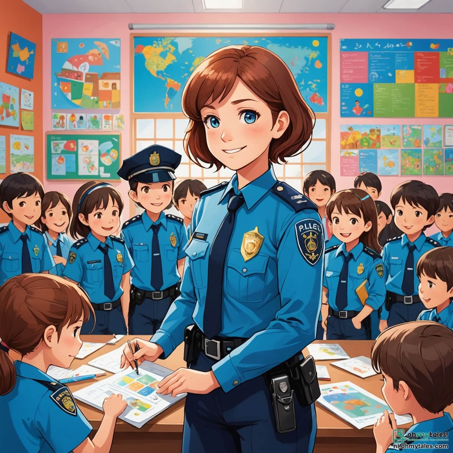 Une illustration destinée aux enfants représentant une courageuse inspectrice de police, une femme aux cheveux châtains brillants et à l'uniforme bleu éclatant, se tenant fièrement devant une école colorée aux murs ornés de dessins d'enfants, où elle enseigne aux élèves, des garçons et des filles aux yeux pétillants et aux rires contagieux, l'importance de la sécurité et de l'entraide, tout en résolvant un petit mystère de tableaux tombés, entourée d'un jardin fleuri où les oiseaux chantent et les arbres dansent doucement sous la brise, créant une atmosphère chaleureuse et accueillante.