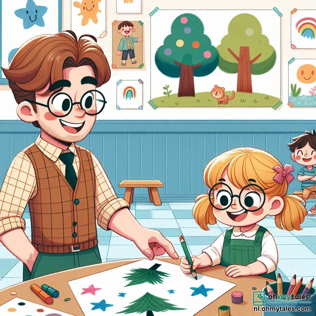 Une illustration sous forme de dessin destinée aux enfants représentant une salle de classe colorée avec des murs décorés de dessins d'enfants, où un homme joyeux aux cheveux bruns et aux lunettes, portant une chemise à carreaux, aide une fille aux cheveux blonds et à la ponytail à dessiner une grande arbre verte, tandis qu'un garçon aux cheveux châtains et aux lunettes montre fièrement son dessin d'étoiles bleues, illustrant un moment d'apprentissage créatif et joyeux.