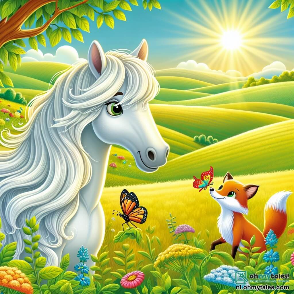 Une illustration sous forme de dessin destinée aux enfants représentant un vaste et verdoyant champ baigné par la lumière dorée du soleil, où un magnifique cheval blanc à la crinière flottante se tient fièrement, regardant avec curiosité une joyeuse petite vlinder aux ailes colorées qui vole autour de lui, tandis qu'en arrière-plan, un rusé renard aux yeux malicieux observe la scène, le tout capturant le moment où le cheval s'apprête à partir à l'aventure, symbolisant le début d'un voyage rempli de découvertes et d'amitié.