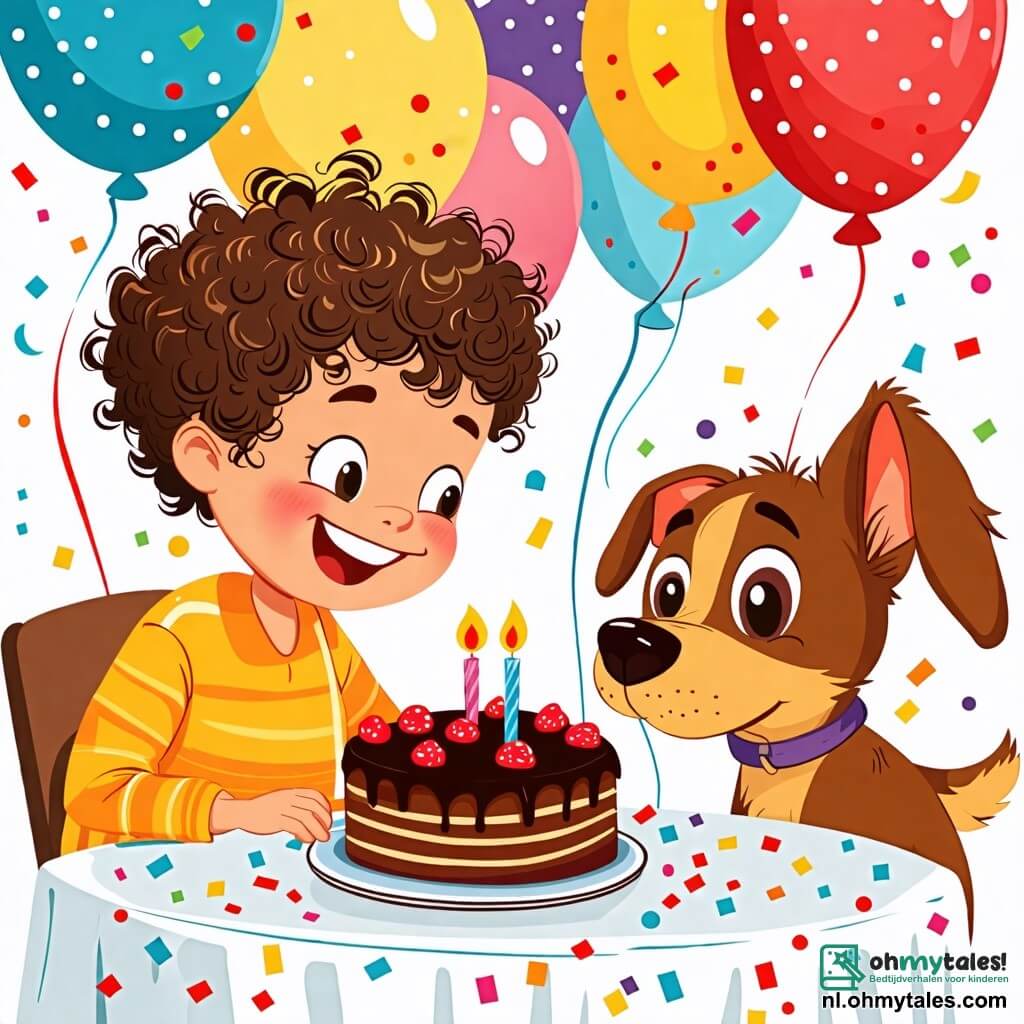 Une illustration sous forme de dessin destinée aux enfants représentant une joyeuse salle de fête décorée de ballons colorés et d'une grande table avec une délicieuse gâteau au chocolat, où un garçon de 2 ans aux cheveux bouclés et aux yeux pétillants, souriant avec enthousiasme, est assis sur une chaise, partageant un morceau de gâteau avec un petit chien marron aux grandes oreilles qui le regarde avec des yeux brillants, le tout dans une ambiance festive remplie de rires et de joie.