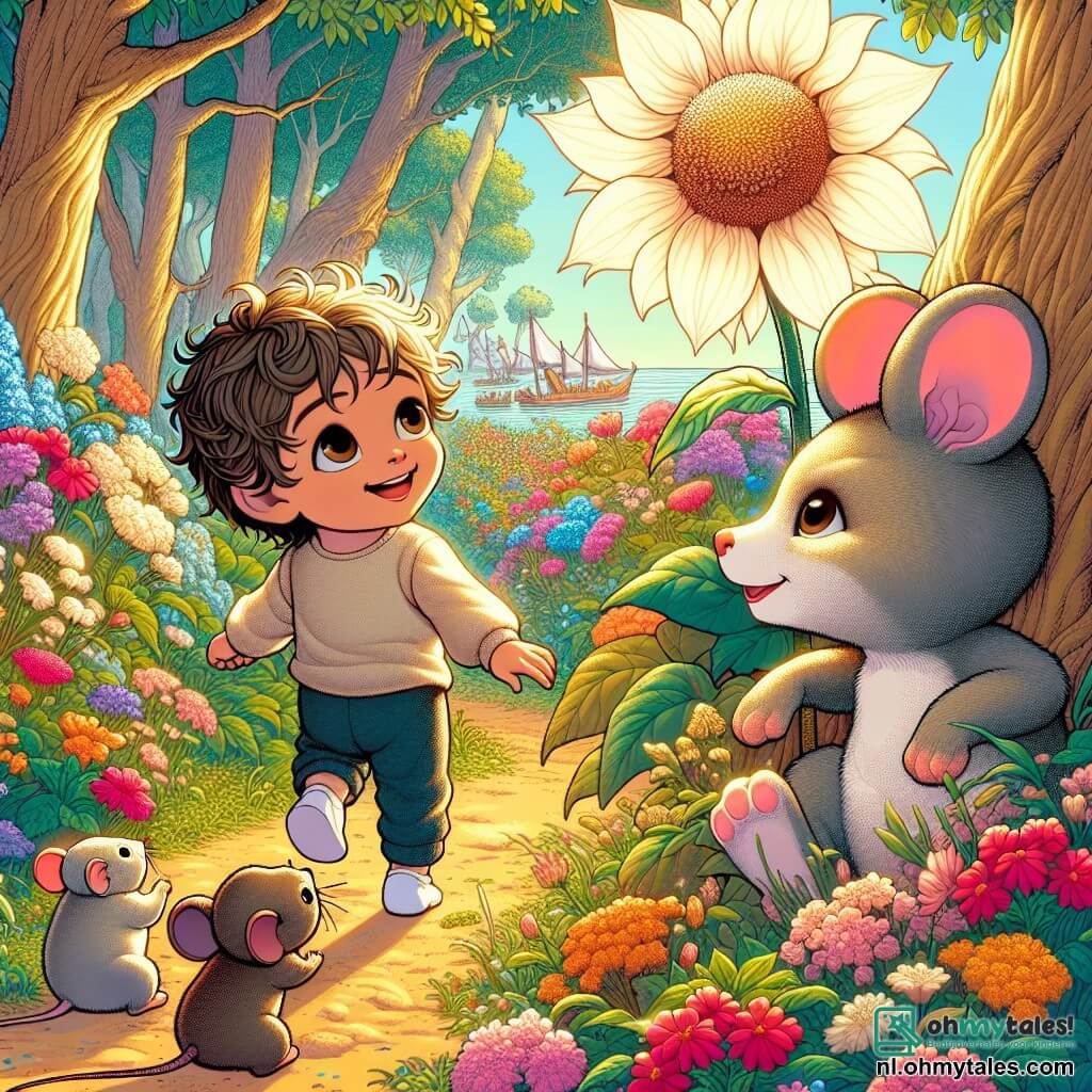 Une illustration sous forme de dessin destinée aux enfants représentant un jardin ensoleillé rempli de fleurs colorées et d'arbres majestueux, où un petit garçon de 1 an aux grands yeux curieux et aux cheveux bouclés explore joyeusement, tenant dans ses bras un teddy bear brun, tandis qu'une petite souris grise avec de grandes oreilles s'approche timidement pour lui parler, et une grande fleur aux pétales éclatants semble sourire, créant une atmosphère magique et philosophique où la découverte et l'émerveillement se mêlent à la beauté de la nature.