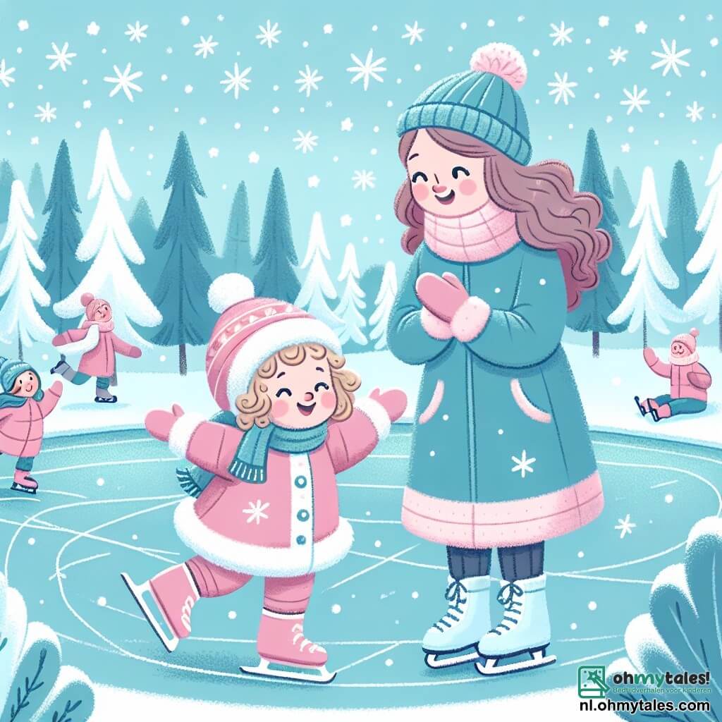 Une illustration sous forme de dessin destinée aux enfants représentant un paysage hivernal féerique avec un grand lac gelé entouré d'arbres recouverts de neige, où une petite fille de 3 ans aux cheveux blonds et bouclés, vêtue d'une épaisse combinaison rose, glisse joyeusement sur ses patins à glace, tandis qu'une maman souriante aux cheveux bruns et longs, habillée d'un manteau bleu, l'encourage et applaudit, le tout sous un ciel bleu clair parsemé de flocons de neige scintillants.
