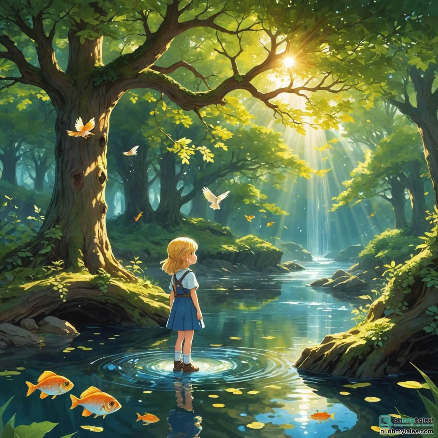 Une illustration destinée aux enfants représentant une petite fille aux cheveux dorés, illuminée par les rayons du soleil filtrant à travers les feuilles d'un grand chêne centenaire, se tenant au bord d'un ruisseau scintillant, où elle observe avec émerveillement des poissons colorés danser sous l'eau claire, tandis qu'à ses côtés, un sage hibou aux yeux perçants, perché sur une branche, lui murmure des énigmes sur la vie et l'amitié, dans un parc verdoyant rempli de fleurs éclatantes et de doux parfums, où chaque brin d'herbe semble raconter une histoire ancienne.