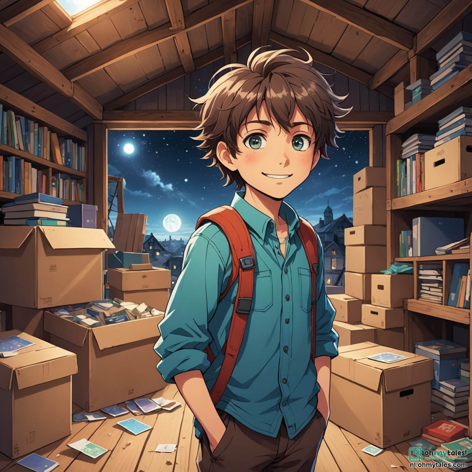 Une illustration destinée aux enfants représentant un garçon aux yeux pétillants de curiosité, avec des cheveux ébouriffés et un sourire espiègle, se tenant au milieu d'une vieille zolder poussiéreuse, entouré de cartons remplis de souvenirs oubliés, où il découvre une mystérieuse machine à voyager dans le temps, tandis qu'à ses côtés, une fille à la chevelure brillante et à la tenue colorée, pleine d'énergie et de détermination, l'encourage à accomplir une mission incroyable pour sauver l'avenir d'une ville futuriste étincelante, où les gratte-ciels scintillent sous un ciel bleu éclatant et où des voitures volantes glissent gracieusement entre les nuages, tout en se remémorant les merveilles de la nature qu'ils doivent protéger.