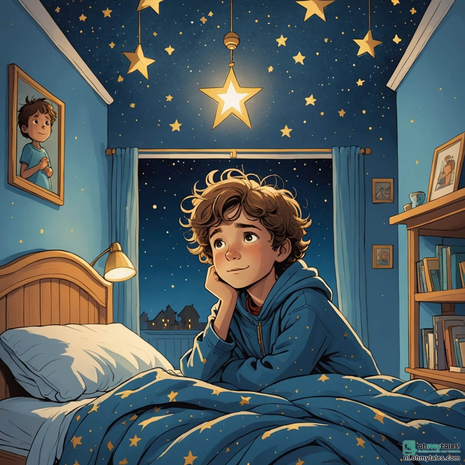 Une illustration destinée aux enfants représentant un garçon aux yeux pétillants et à la chevelure ébouriffée, blotti sous ses couvertures dans une chambre chaleureuse aux murs peints en bleu ciel, où des étoiles dorées scintillent au plafond, tandis qu'une douce lumière de nuit projette des ombres dansantes sur les murs, alors qu'il fait face à sa peur du noir, entouré de sa maman, une femme au sourire réconfortant et aux bras protecteurs, qui lui explique que les ombres ne sont que des amis mystérieux attendant d'être découverts, dans un décor où des jouets colorés sont éparpillés sur le sol et un grand ours en peluche veille sur lui depuis le coin de la pièce.