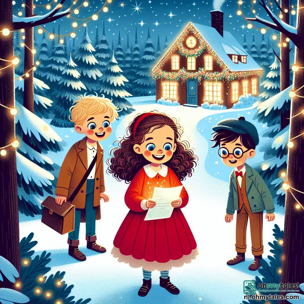 Une illustration sous forme de dessin destinée aux enfants représentant une scène magique dans une forêt enneigée, où une fille de 11 ans aux cheveux bouclés et à la robe rouge vif tient une vieille lettre dans ses mains, entourée de ses amis, un garçon aux cheveux blonds et un autre garçon aux lunettes, tous les trois souriants et émerveillés, alors qu'ils découvrent une maison illuminée, décorée de guirlandes scintillantes, symbolisant leur rencontre avec le père Noël et leur mission de répandre la magie de Noël.