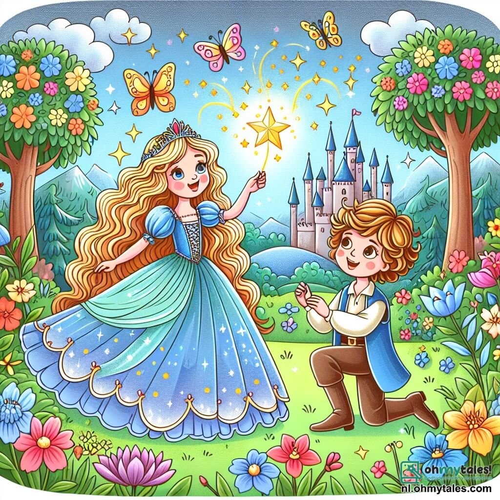 Une illustration sous forme de dessin destinée aux enfants représentant un magnifique jardin royal, rempli de fleurs colorées et d'arbres majestueux, où une princesse aux longs cheveux dorés et vêtue d'une robe étincelante de bleu est en train de voler dans les airs grâce à une étoile magique brillante qu'elle tient dans ses mains, tandis qu'un gentil unijambiste, un jeune garçon avec une crinière de cheveux bouclés et un sourire chaleureux, l'observe avec émerveillement, tous deux entourés de papillons colorés et d'oiseaux chantants, illustrant le moment où la princesse découvre le pouvoir de son vœu.