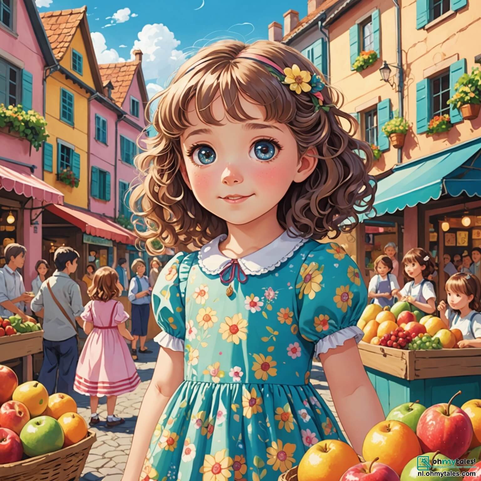 Une illustration destinée aux enfants représentant une petite fille aux cheveux bouclés et brillants, avec des yeux pétillants de curiosité, vêtue d'une robe colorée ornée de motifs de fleurs, se tenant au milieu d'un village ensoleillé aux maisons aux façades pastel, où les habitants s'affairent joyeusement autour de stands de marché débordants de fruits juteux et de douceurs sucrées, tandis qu'elle se lance dans une enquête palpitante pour retrouver un mystérieux koffertje disparu, accompagnée de son meilleur ami, un garçon au sourire éclatant et à l'énergie débordante, tous deux déterminés à résoudre ce mystère au cœur de la fête automnale.