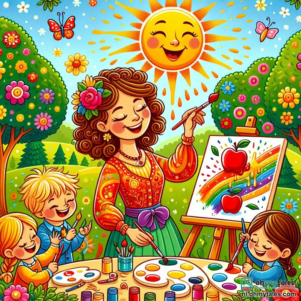 Une illustration sous forme de dessin destinée aux enfants représentant un parc ensoleillé avec des arbres colorés et des fleurs éclatantes, où une femme joyeuse aux cheveux bouclés et vêtue d'une blouse éclatante de couleurs vives, est entourée de trois enfants : un garçon souriant avec une casquette rouge qui peint une grande pomme rouge sur une toile, une fille aux cheveux tressés qui crée une magnifique pluie de couleurs en peignant une grande pluie de couleurs, et un autre garçon aux mains pleines de peinture qui dessine un soleil radieux, tous concentrés et heureux de partager leur passion pour l'art dans une atmosphère de créativité et de joie.