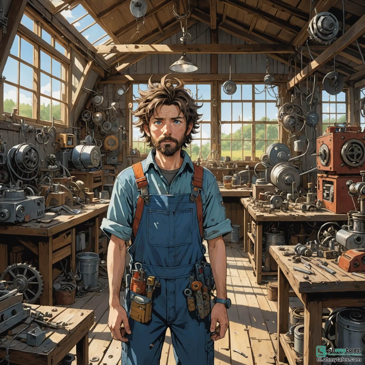 Une illustration destinée aux enfants représentant un homme aux cheveux ébouriffés et à la barbe hirsute, vêtu d'une combinaison de travail tachée de peinture, entouré de machines étranges et de pièces de métal dans sa vaste et chaotique grange, où des rayons de soleil filtrent à travers les fenêtres poussiéreuses, illuminant des outils suspendus au plafond et des plans d'inventions éparpillés sur des tables, tandis qu'une petite fille aux yeux pétillants et aux couettes rebondissantes, pleine de curiosité et d'enthousiasme, l'aide à résoudre les mystères de sa dernière invention qui, malgré quelques mésaventures hilarantes, promet de révolutionner le quotidien des habitants de leur charmant village.
