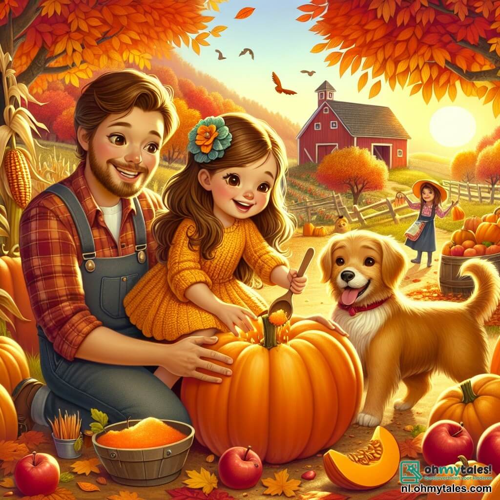 Illustratie van een herfstscène op een charmante boerderij. Het landschap is gevuld met bomen met vurig gekleurde bladeren, rood, oranje en geel, onder een zachte gouden gloed van de ondergang van de zon. In het midden staat een 3-jarig meisje met lang bruin haar en roze wangen, gekleed in een gele trui met een grote blauwe bloem. Ze zit vrolijk op de grond met een houten lepel en leegt een grote oranje pompoen, met pompoenvlees om haar heen. Naast haar staat een man van in de dertig met een bruine baard en een warme glimlach, gekleed in een geruite shirt, die het meisje helpt door de pompoen vast te houden. Een kleine hond, een terriër met gouden vacht, rent om hen heen met zijn oren omhoog, vol energie en nieuwsgierigheid. De scène toont de opwinding en vreugde van de herfstoogst, met glanzende rode appels en gevallen bladeren die een kleurrijk tapijt op de grond vormen. Op de achtergrond voegt een grote rode schuur en herfstdecoraties, zoals maïskransjes en pompoenen, een feestelijke toets toe aan de warme sfeer van deze herfstdag.