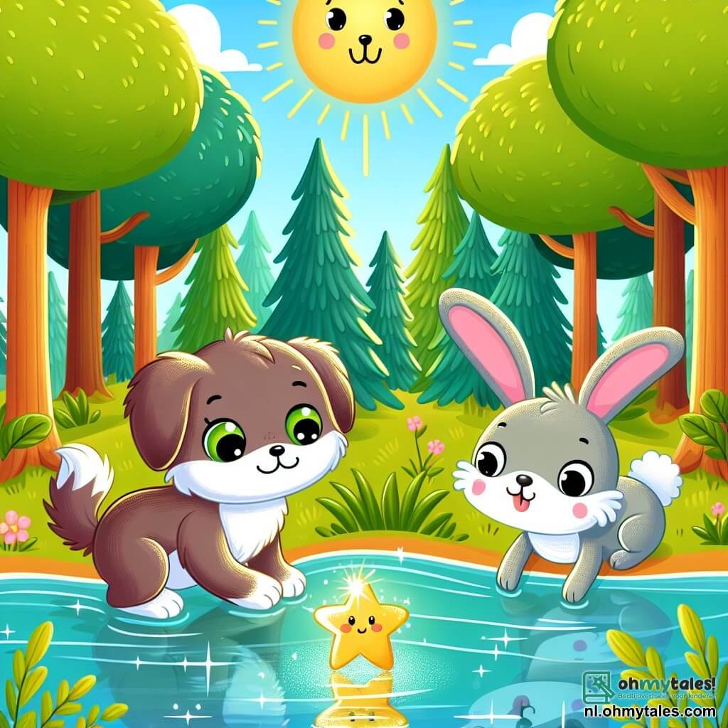 Une illustration sous forme de dessin destinée aux enfants représentant une magnifique forêt ensoleillée avec de grands arbres aux feuilles vertes, où un chat à la douce fourrure grise et aux yeux verts pétillants se penche curieusement au bord d'une rivière scintillante, tandis qu'un chien joyeux aux oreilles tombantes et un lapin aux grandes oreilles l'observent avec enthousiasme, tous trois prêts à découvrir une étoile dorée flottant à la surface de l'eau, symbolisant leur amitié et leur esprit d'aventure.