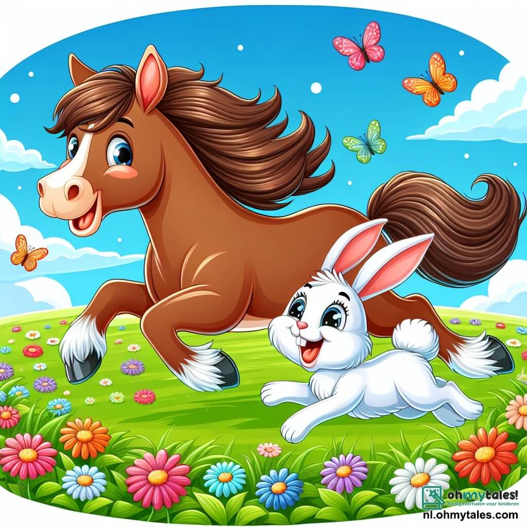 Une illustration sous forme de dessin destinée aux enfants représentant un vaste champ verdoyant parsemé de fleurs colorées, avec un cheval joyeux au pelage brun et à la crinière ondulante, galopant avec enthousiasme, tandis qu'un petit lapin aux grandes oreilles et au pelage blanc saute joyeusement à ses côtés, le tout capturant l'instant amusant où ils jouent ensemble, entourés de papillons virevoltant et d'un ciel bleu éclatant.