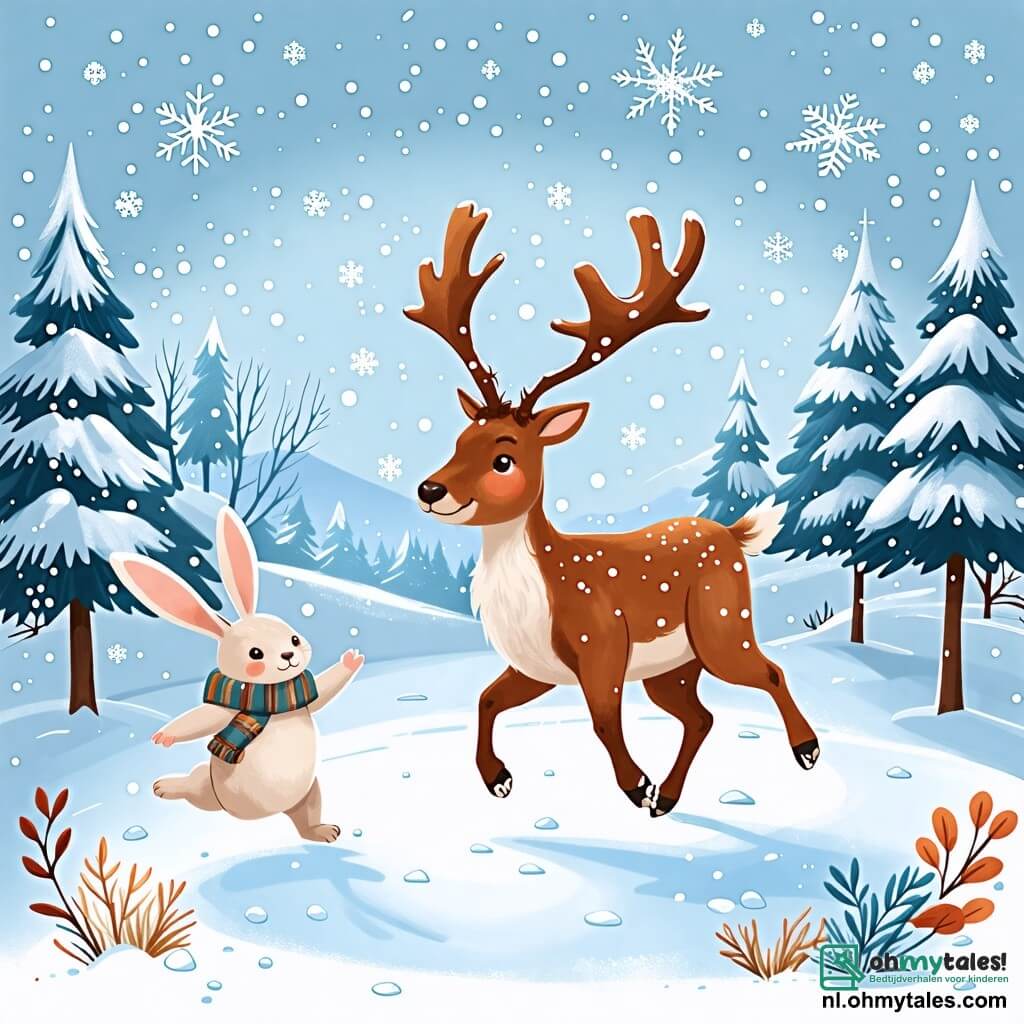 Une illustration sous forme de dessin destinée aux enfants représentant un magnifique paysage hivernal avec des arbres couverts de neige scintillante, au centre un joyeux renne au pelage brun et aux grandes cornes majestueuses, qui glisse sur une glissante patinoire de glace, entouré de son ami un petit lapin aux grandes oreilles blanches qui saute de joie, tandis qu'ils s'amusent ensemble, illustrant la magie de l'amitié et l'aventure dans un monde enneigé.