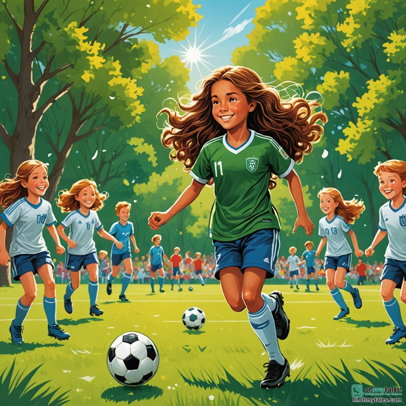 Une illustration destinée aux enfants représentant une talentueuse footballeuse aux cheveux longs et ondulés, dribblant avec grâce sur un terrain verdoyant baigné par le soleil, entourée de rires et d'applaudissements d'un groupe d'enfants, dont son meilleur ami, un garçon aux yeux pétillants et à la casquette vissée sur la tête, tous deux rêvant de devenir de grands joueurs de football, tandis qu'en arrière-plan, des arbres majestueux et des fleurs colorées dansent doucement au rythme du vent, créant une atmosphère joyeuse et pleine d'énergie.