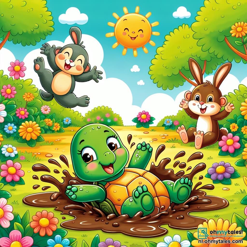 Une illustration sous forme de dessin destinée aux enfants représentant un vaste et coloré champ de fleurs dans une jungle ensoleillée, où une tortue à la carapace verte brillante et aux yeux pétillants roule joyeusement dans une flaque de boue, tandis qu'un joyeux lapin aux grandes oreilles et un singe espiègle aux poils bruns l'observent en riant, tous trois profitant d'une journée de jeux et de rires ensemble, entourés de rires et de joyeuses éclaboussures de boue.