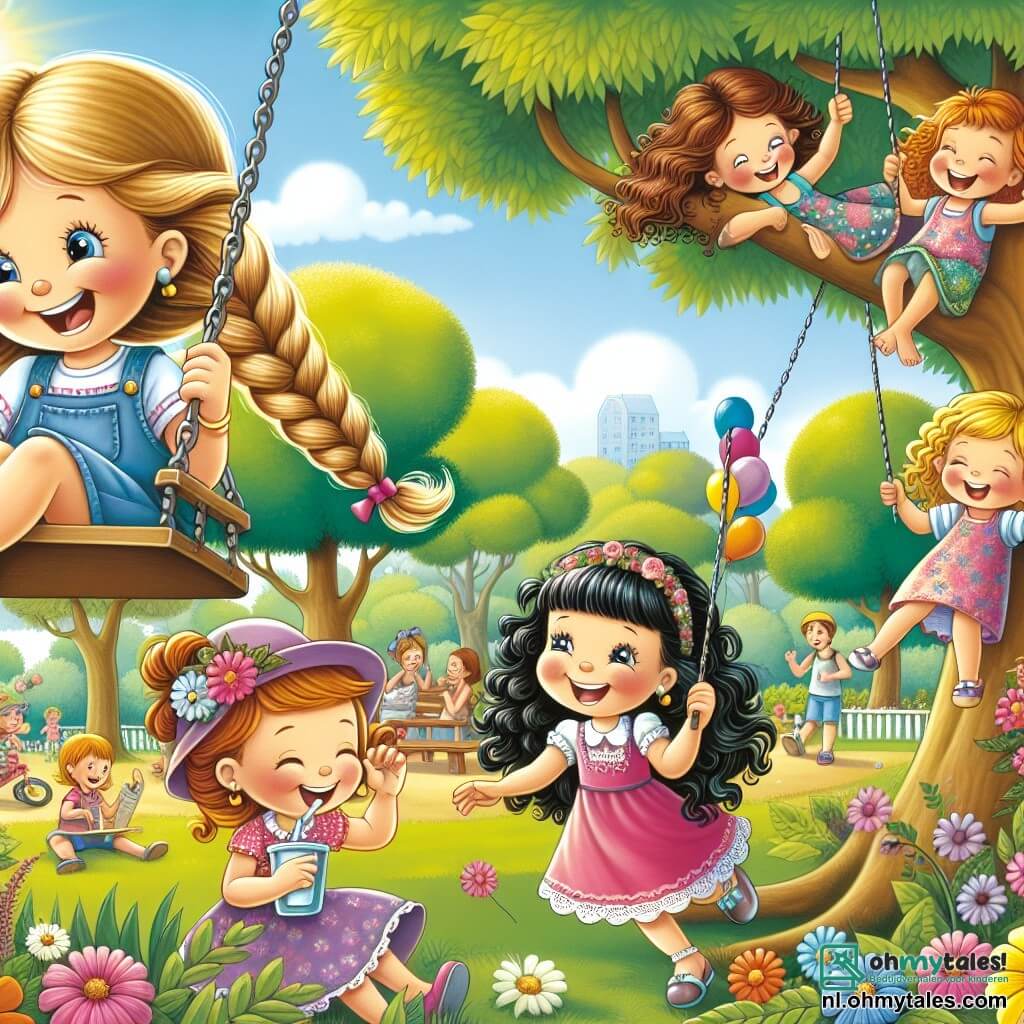 Illustratie van een zonnig park met grote groene bomen en kleurrijke bloemen die in de wind dansen. In het midden spelen vier meisjes van ongeveer vijf jaar samen. Een van hen, met blond haar en vlechten, lacht terwijl ze hoog op een schommel zwaait. Een ander meisje, met bruin en krullend haar, draagt een roze jurk en staat op het punt om van de grond te springen. De derde, met zwart haar en een vlecht, verstopt zich achter een boom terwijl ze verstoppertje speelt, terwijl de laatste, met kastanjebruin haar en een bloemenhoed, glimlacht met een glas limonade in haar hand. Op de achtergrond spelen kinderen, ouders rusten op bankjes en gekleurde ballonnen drijven in de blauwe lucht. De sfeer is vrolijk en vol leven, wat de geest van de zomervakantie vangt.