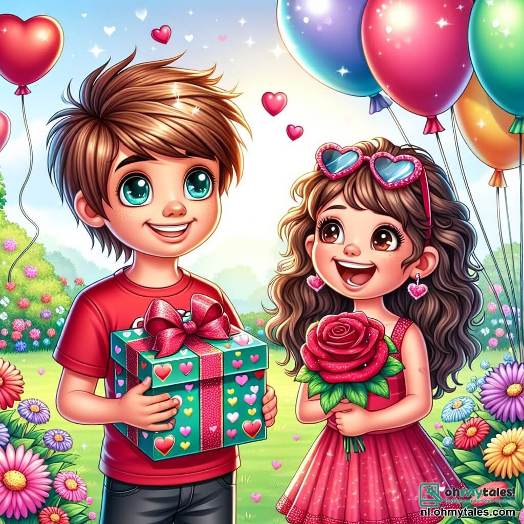 Une illustration sous forme de dessin destinée aux enfants représentant un parc coloré rempli de fleurs éclatantes et de ballons flottants, où un garçon de 11 ans aux cheveux châtain et aux yeux pétillants, souriant et vêtu d'un t-shirt rouge, tient un joli paquet cadeau décoré de cœurs, tandis qu'à ses côtés, une fille aux cheveux longs et bouclés, portant une robe rose et des lunettes de soleil, rit joyeusement en tenant une rose magique, tous deux prêts à surprendre leurs amis avec des douceurs pour célébrer la Saint-Valentin.