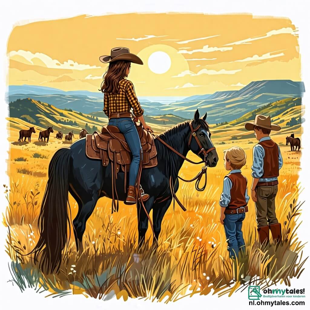 Une illustration sous forme de dessin destinée aux enfants représentant une vaste prairie ensoleillée avec des collines ondulantes à l'horizon, où une jeune fille courageuse aux longs cheveux bruns, vêtue d'une chemise à carreaux et d'un chapeau de cow-boy, se tient fièrement sur son cheval, un mustang noir, tandis qu'un garçon aux cheveux blonds, portant un gilet en cuir et une ceinture avec une lasso, l'observe avec admiration, alors qu'ils se préparent à affronter une bande de bandits cachés dans la canyon colorée derrière eux, symbolisant l'esprit d'aventure et de camaraderie.