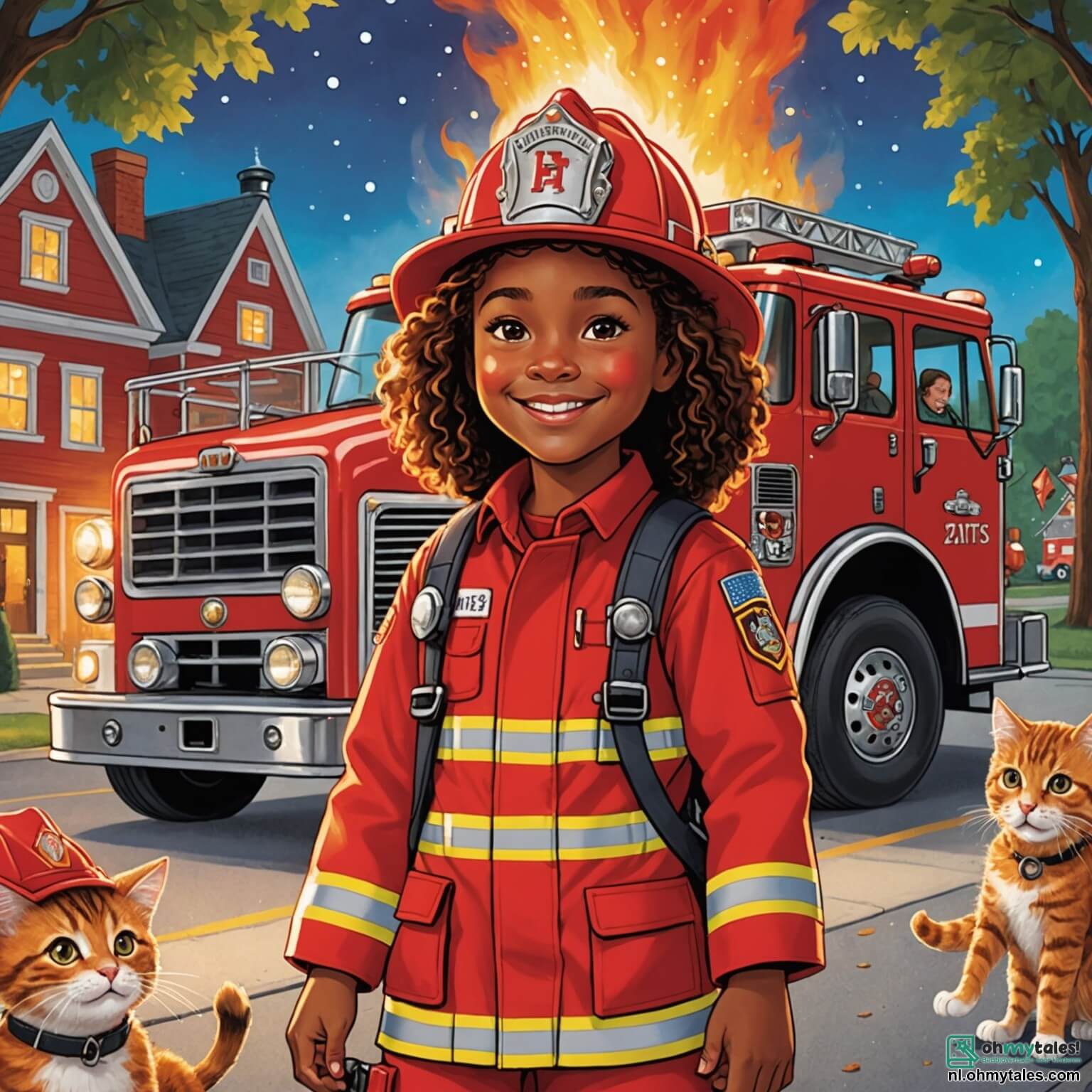 Une illustration destinée aux enfants représentant une courageuse femme pompière au sourire éclatant, vêtue de son uniforme rouge flamboyant et de sa grande casquette, se tenant fièrement devant un majestueux camion de pompiers aux lumières scintillantes, tandis qu'elle explique avec enthousiasme aux deux enfants, une fille aux cheveux bouclés et un garçon aux yeux pétillants, comment elle sauve des chats coincés dans les arbres et éteint les feux, le tout se déroulant dans le charmant village de Zonnestraal, où les maisons colorées aux volets bleus et aux jardins fleuris s'étendent sous un ciel azur, créant une atmosphère joyeuse et pleine de vie.