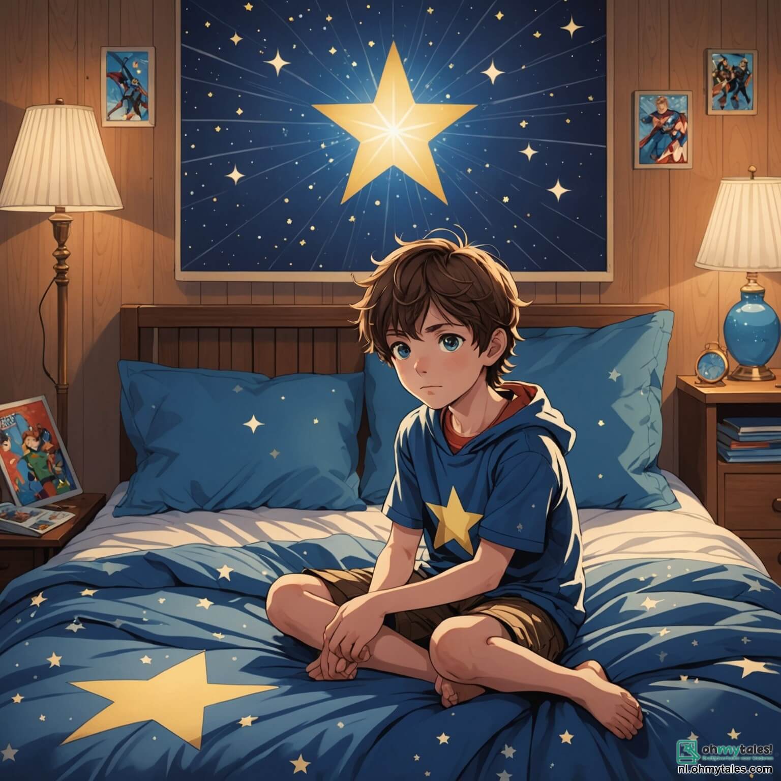 Une illustration destinée aux enfants représentant un garçon aux cheveux bruns et aux yeux pétillants, assis sur son lit recouvert d'une couette bleue à motifs d'étoiles, dans une chambre chaleureuse aux murs ornés de posters de super-héros, où la lumière tamisée de la lampe de chevet jette des ombres dansantes sur le sol en bois, tandis qu'il se débat avec sa peur du noir, entouré de sa grande sœur aux longs cheveux blonds et au sourire réconfortant, qui lui raconte des histoires de courage et d'aventure pour l'aider à surmonter ses angoisses nocturnes, alors que la lune éclaire doucement la fenêtre, projetant des éclats argentés sur les jouets éparpillés et les livres empilés, créant une atmosphère à la fois magique et mystérieuse.