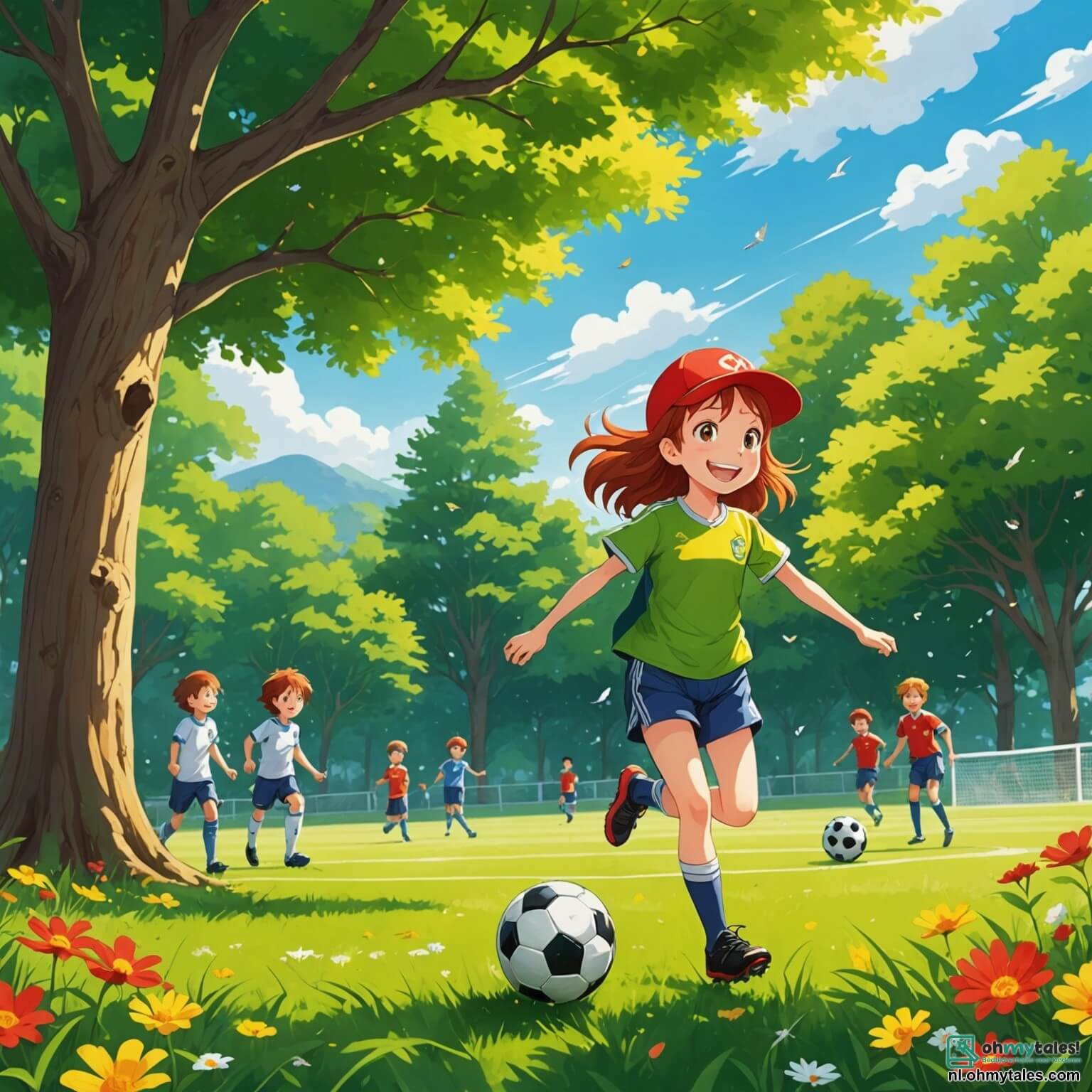 Une illustration destinée aux enfants représentant une jeune fille au sourire éclatant, aux cheveux châtains flottants comme des rayons de soleil, dribblant avec agilité un ballon de football sur un terrain verdoyant bordé d'arbres majestueux, où les oiseaux chantent et les fleurs colorées dansent au gré du vent, tandis qu'elle rêve de devenir une grande star du football, entourée de ses amis, un garçon à la casquette rouge et une fille aux lunettes de soleil, qui l'encouragent avec des cris de joie et des rires, tous réunis dans leur petit village animé, où l'odeur de l'herbe fraîchement coupée et des barbecues du dimanche embaume l'air, créant une atmosphère de camaraderie et d'espoir pour l'avenir.